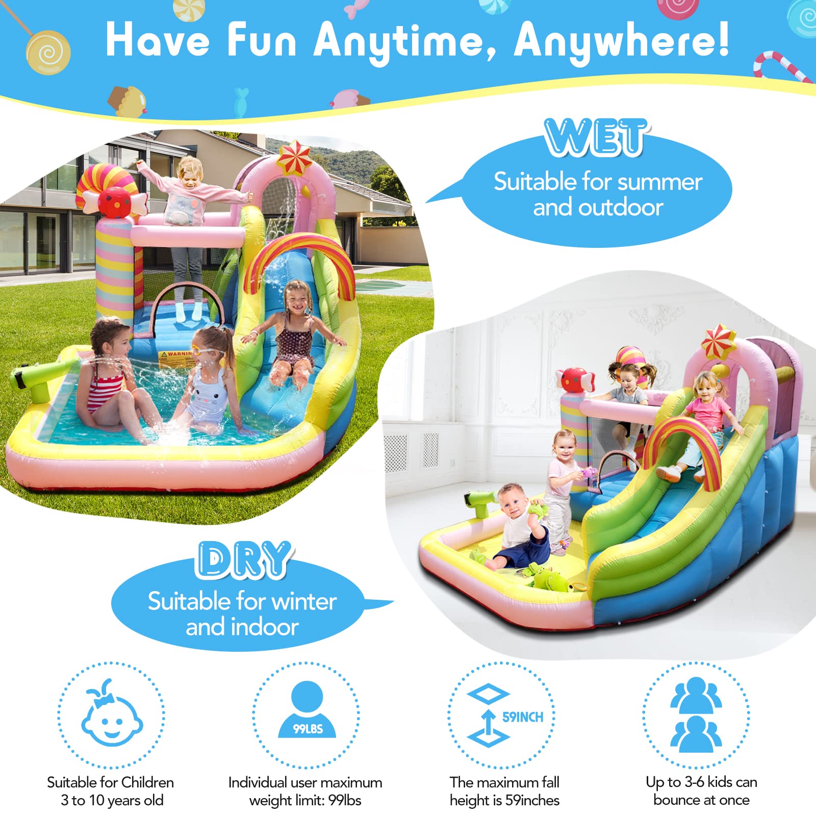 **6-in-1 Inflatable Bounce House Water Slide - Sweet Candy Water Park with 450W Blower, Splash Pool for Kids & Adults | Wet & Dry Combo Bouncy Castle for Backyard Parties, Summer Fun & Outdoor Play**