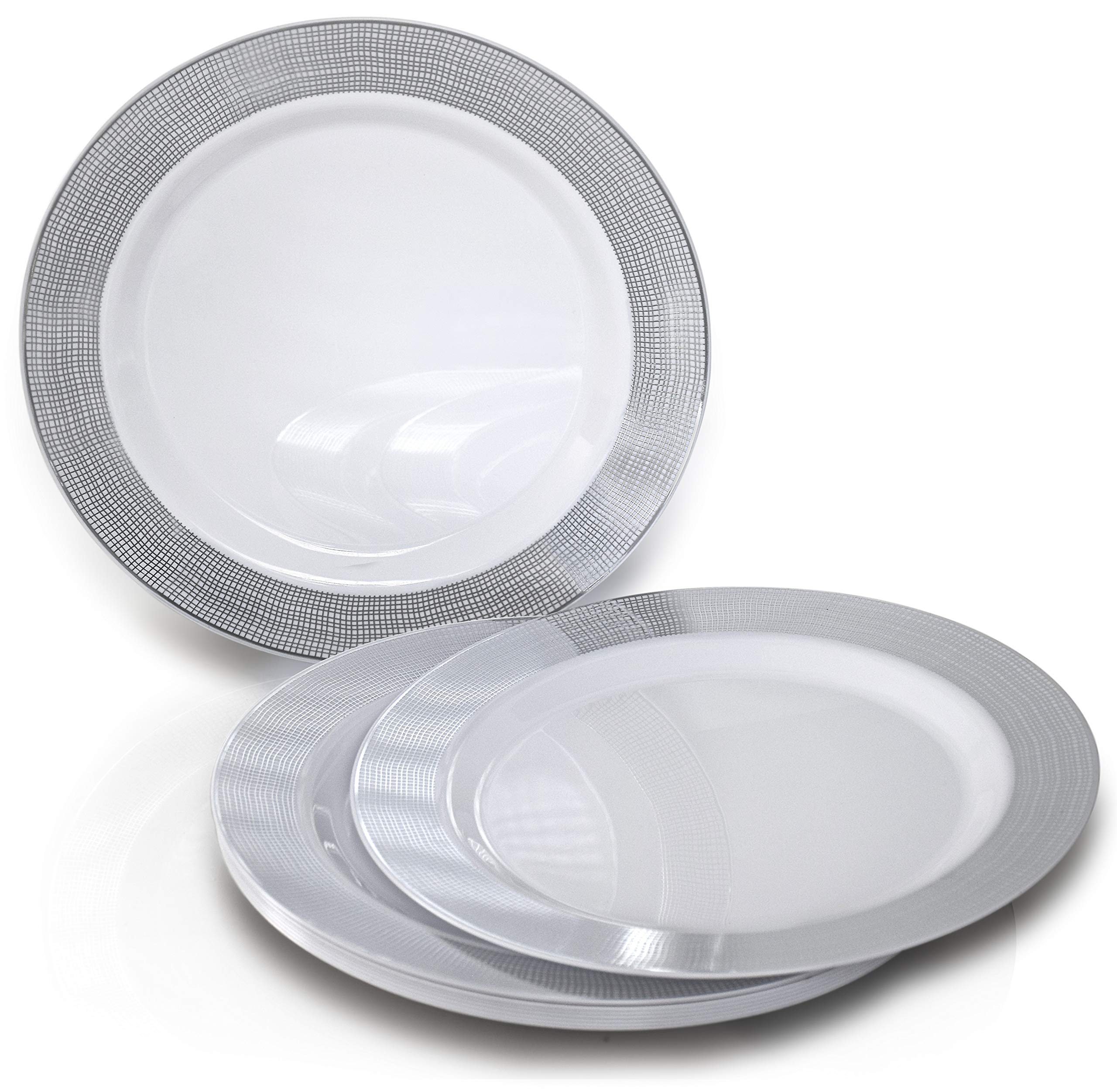 560-Piece Heavyweight Disposable Plastic Plate Set for Weddings & Parties - 80 x 10.5'' Dinner Plates, 80 x 6.25'' Dessert Plates, Silverware, Cups & Linen Napkins (White & Silver) - Perfect for 80 Guests - Ideal for Wedding Receptions, Bridal Showers & Large Events