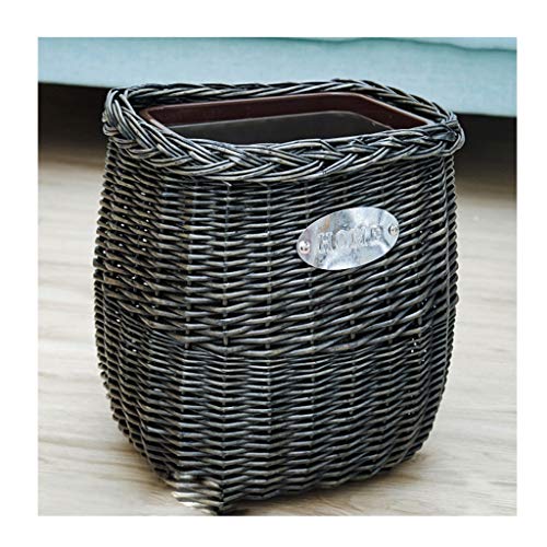Handmade Rattan Wicker Trash Can Without Lid - Removable Plastic Inner Bucket for Kitchen, Bathroom, Balcony - Square Dark Gray Waste Basket for Home & Office Organization