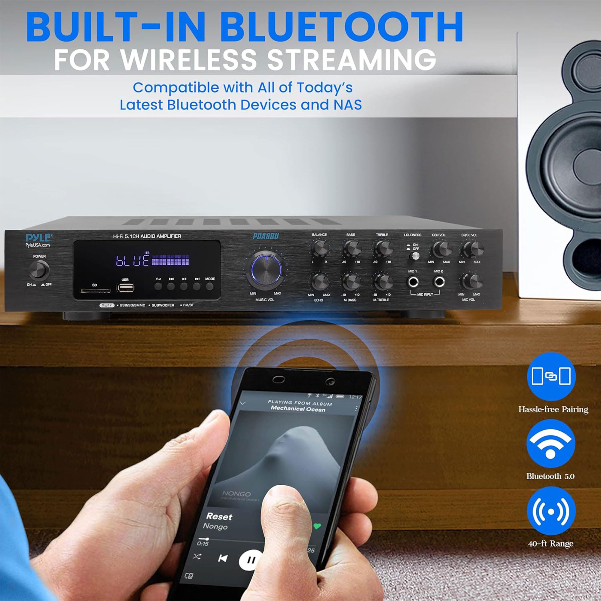 Pyle Wireless Bluetooth Audio Amplifier - 5 Channel Home Stereo Sound System with MP3/USB/SD/AUX/FM Radio - 1/4