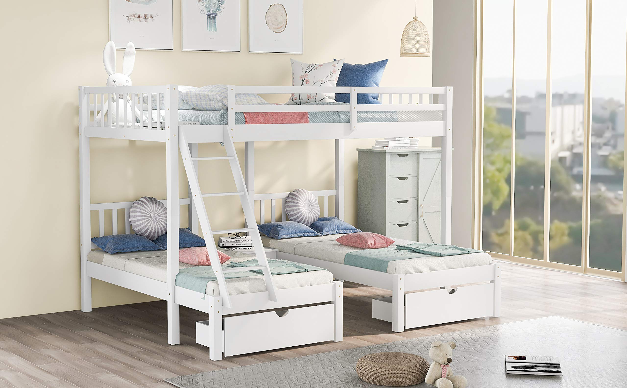 Wood Triple Bunk Bed with 3 Drawers & Guardrails - Full Over 2 Twin Bunk Bed for Family & Teens - No Box Spring Needed - Space Saving Kids Bedroom Furniture for Small Rooms & Vacation Homes