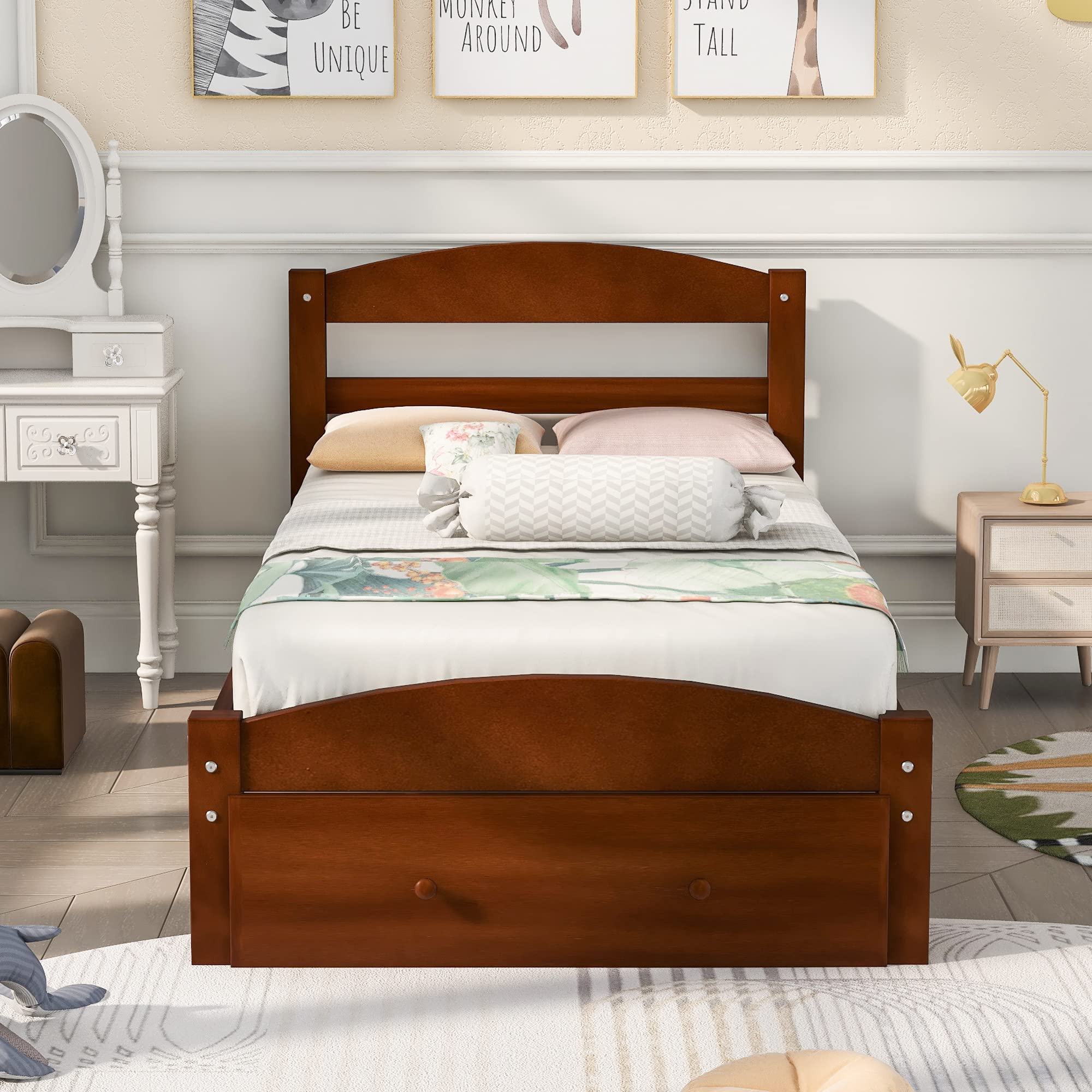 Rhomtree Twin Size Wood Platform Bed Frame with Storage Drawers & Wood Slat Support - No Box Spring Needed - Kids Captain Bed Daybed with Headboard & Footboard in Walnut Finish - Perfect for Kids' Bedrooms, Guest Rooms & Small Spaces