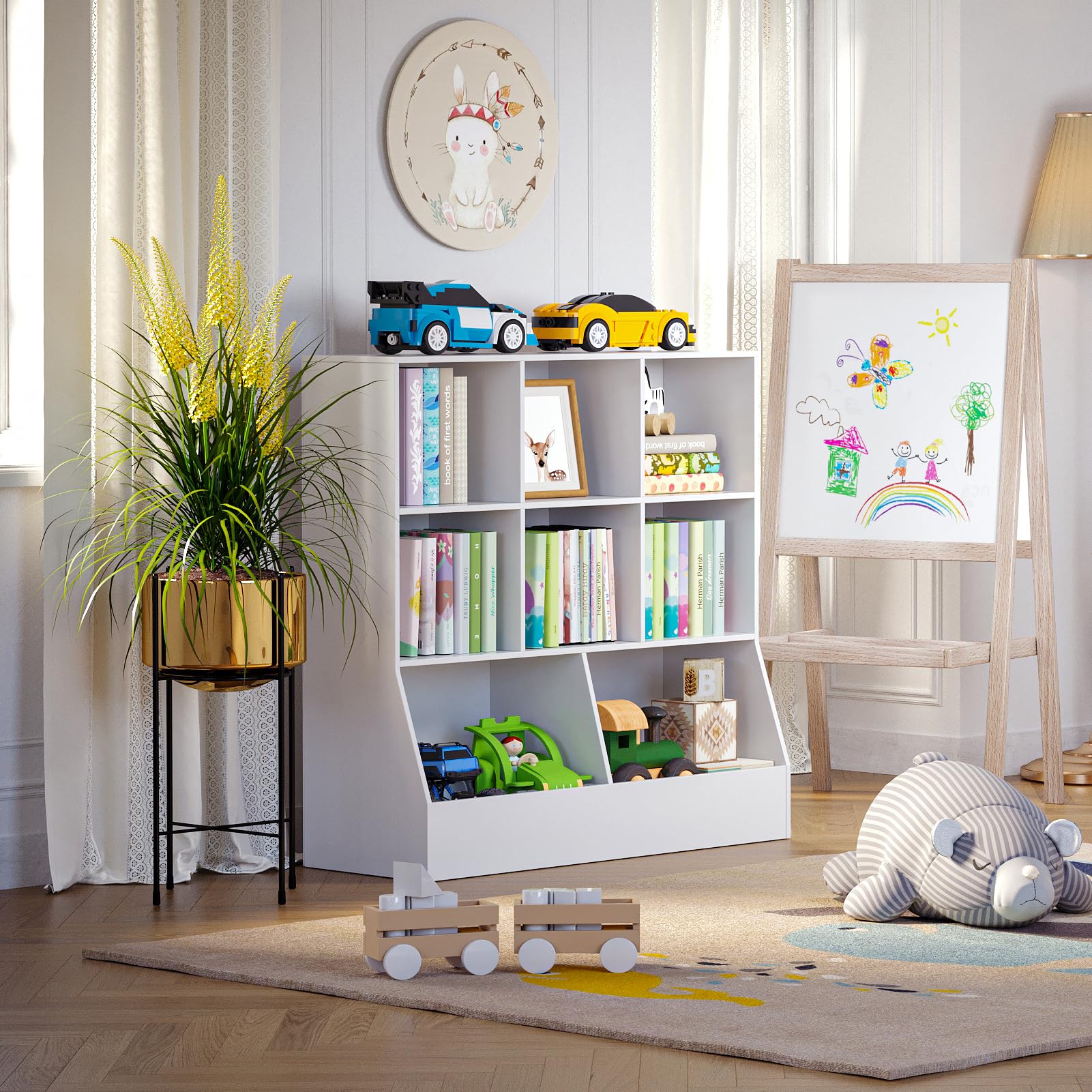 DINZI LVJ 8-Cubby Wooden Toy Storage Organizer & Kids Bookshelf - White 39.4