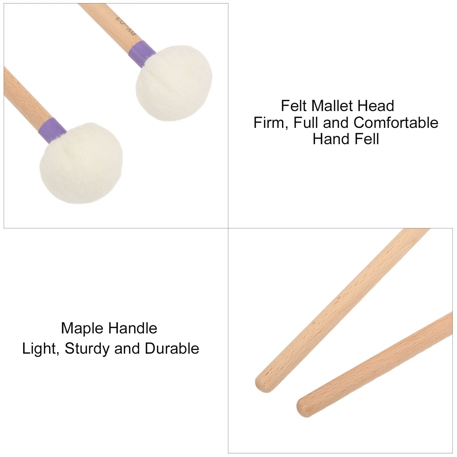 2Pcs Premium Felt Drum Mallets with Maple Wood Handle - Percussion Sticks for Bass Drums, Timpani & Snare Drums - Perfect for Orchestras, Marching Bands & Drum Practice