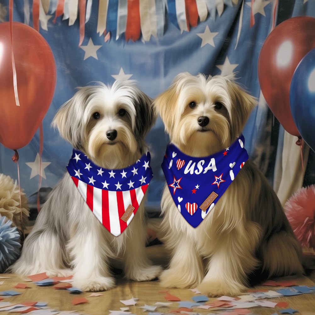 4th of July Dog Bandanas 2 Pack - Reversible American Flag Pet Bandana for Dogs & Cats - Patriotic Memorial Day Scarf for Small, Medium, Large & XL Pets - Perfect for Independence Day Parades & Patriotic Celebrations