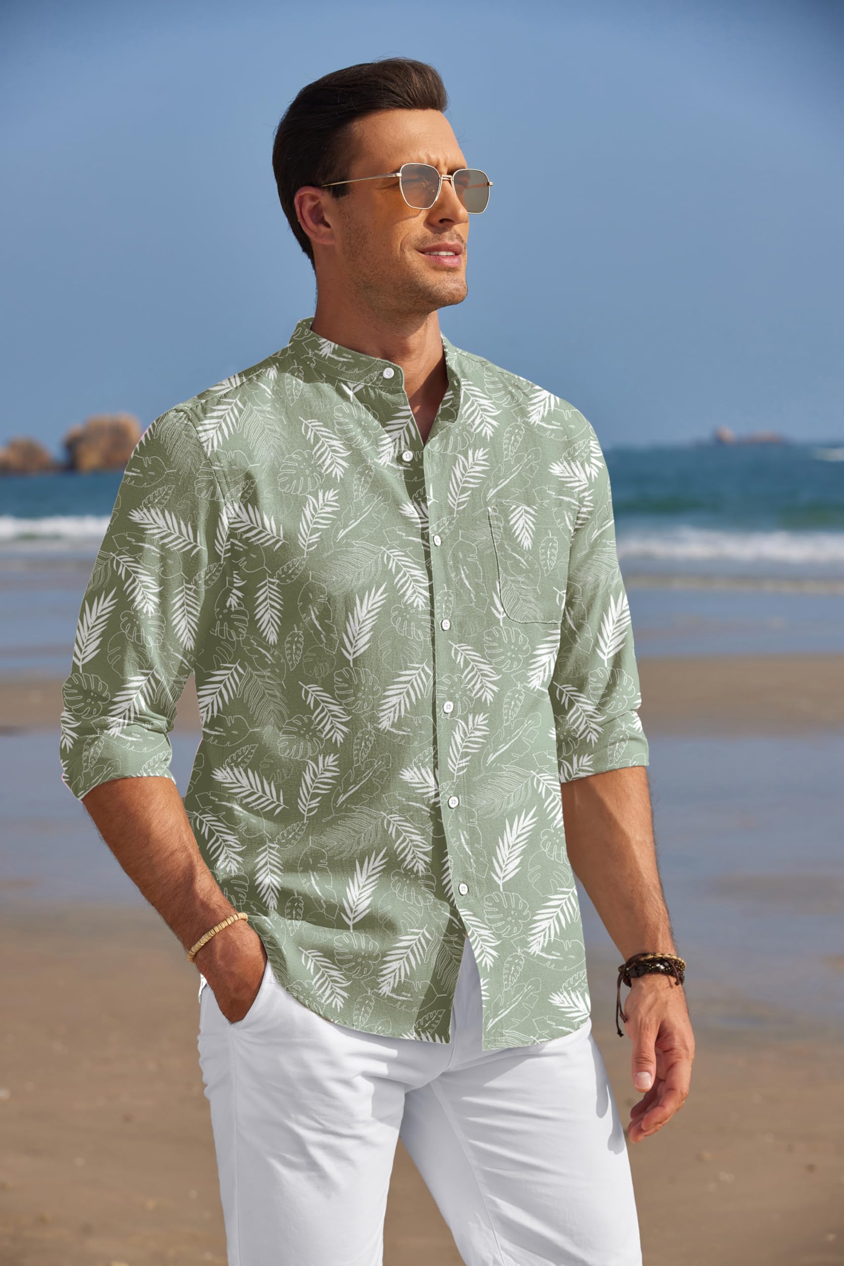 COOFANDY Men's Long Sleeve Linen Shirt - Band Collar Button Down Oxford Dress Shirt for Casual & Business Wear | Breathable Summer Office & Wedding Attire