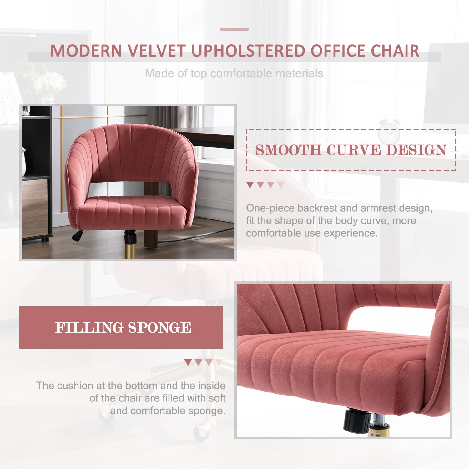 Velvet Office Desk Chair - Modern Adjustable Ergonomic Home Office Chair with Wheels & Swivel Base, Comfortable Vanity Chair for Bedroom, Study, or Workspace (Bean Paste Red) - Perfect for Home Offices, Gaming Setups & Makeup Vanities