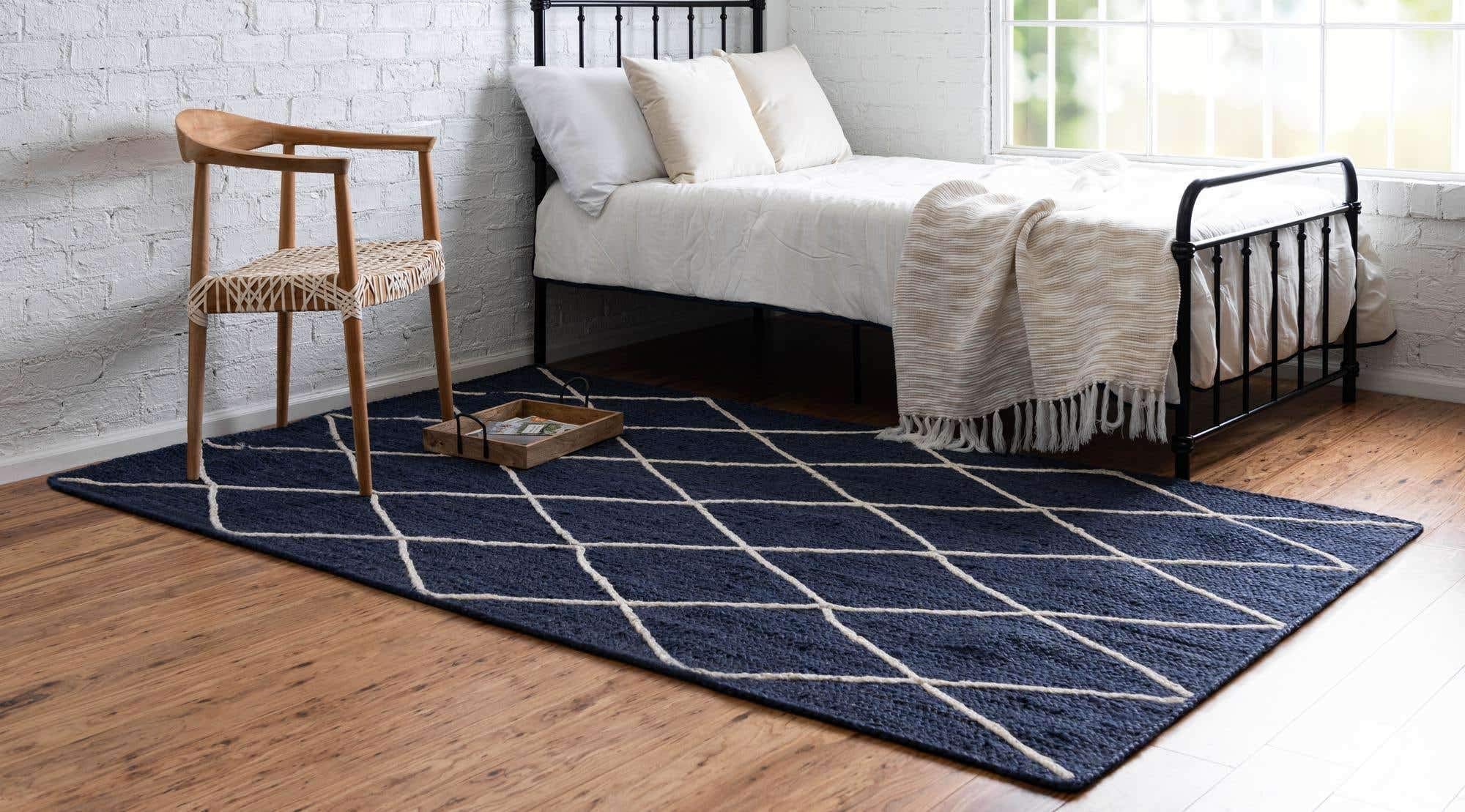 Unique Loom Braided Jute Collection Area Rug - Trellis Design 8'x11' Rectangle in Navy Blue & Ivory | Natural Fiber Floor Covering for Living Room, Bedroom & Home Decor