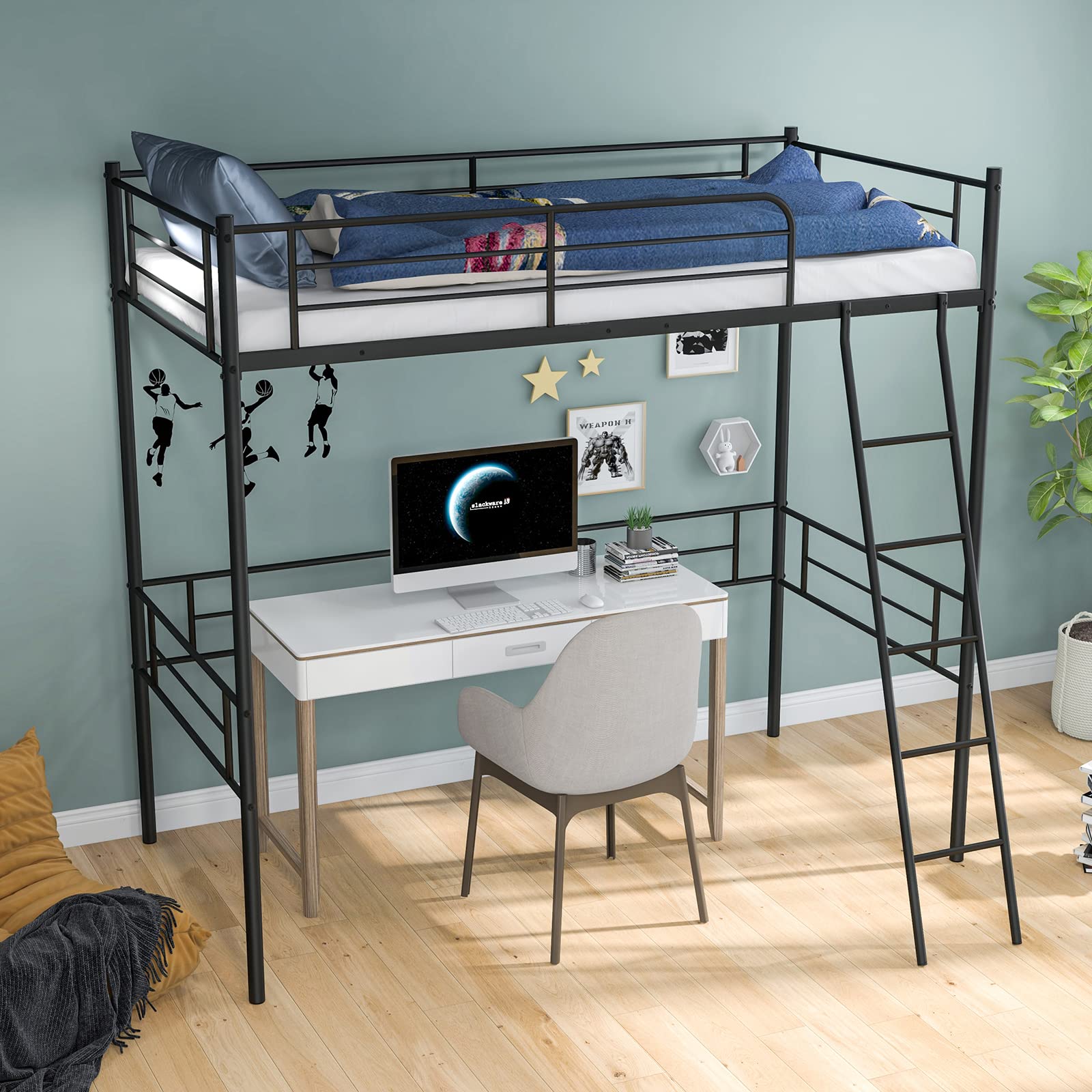 **Giantex Heavy Duty Metal Twin Loft Bed Frame with Stairs & Full-Length Guardrail - Space-Saving Loft Bed for Kids, Teens & Adults - No Box Spring Needed - Black - Perfect for Small Bedrooms, Dorms & Studio Apartments**