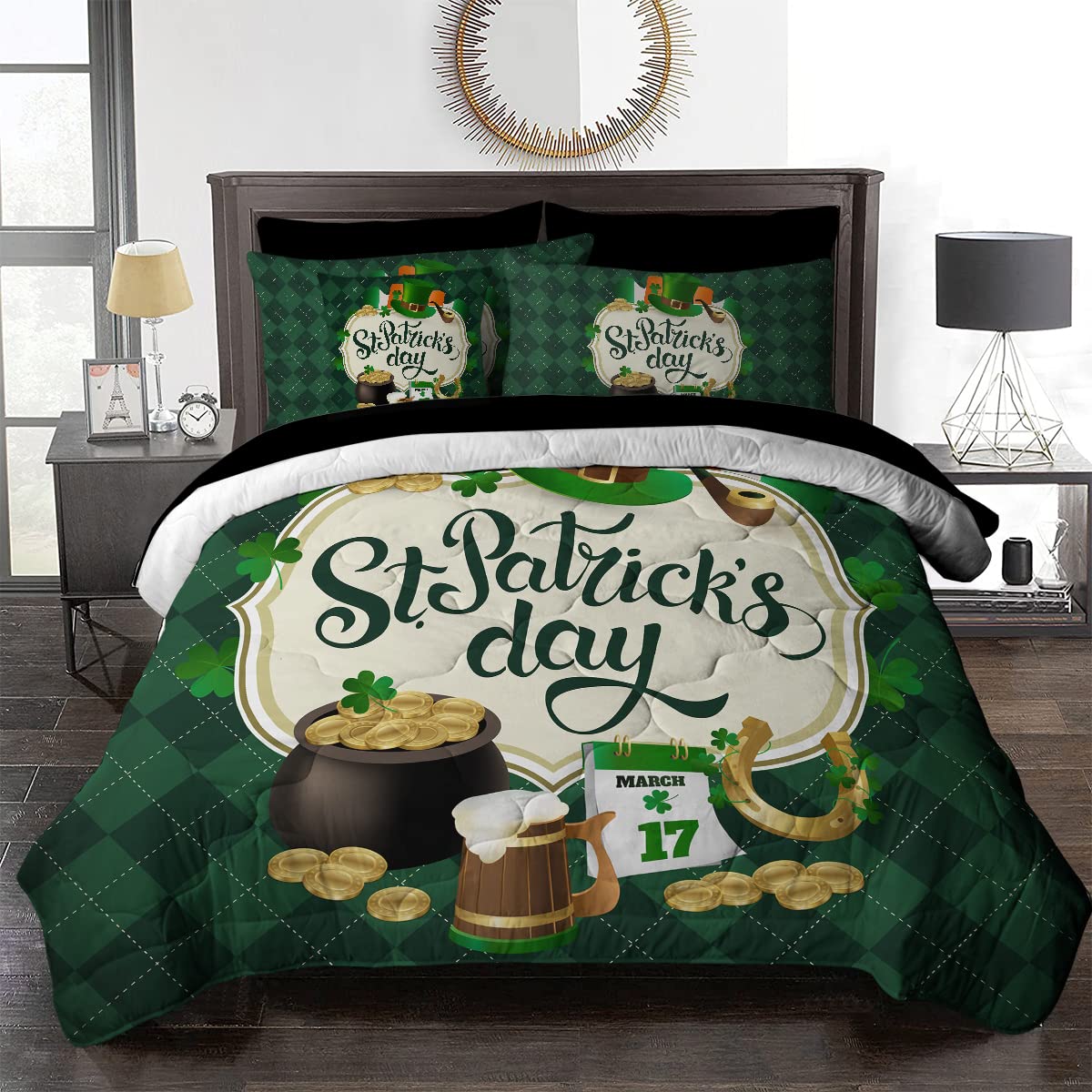 BlessLiving St. Patrick's Day 8-Piece King Comforter Set - Green Irish Plaid Bedding with Comforter, Pillow Shams, Sheets & Cushion Cover | Perfect for Irish-Themed Bedrooms, Holiday Decor & Shamrock Celebrations