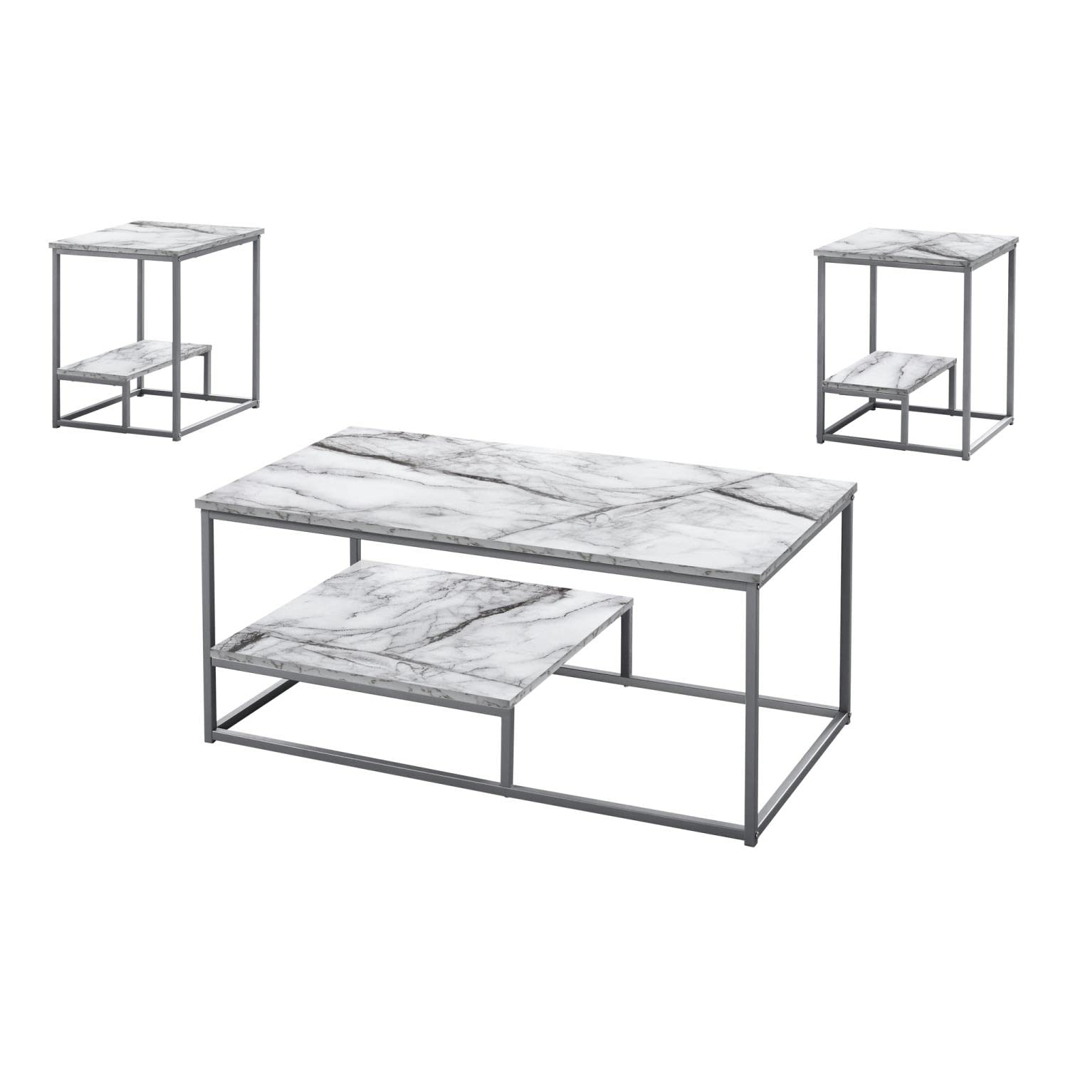 Monarch Specialties I 7963P 3-Piece Table Set - Coffee Table, End Table & Side Table - White Marble Look Laminate Metal Accent Tables for Living Room - Grey Contemporary Modern Furniture for Home Decor & Small Spaces