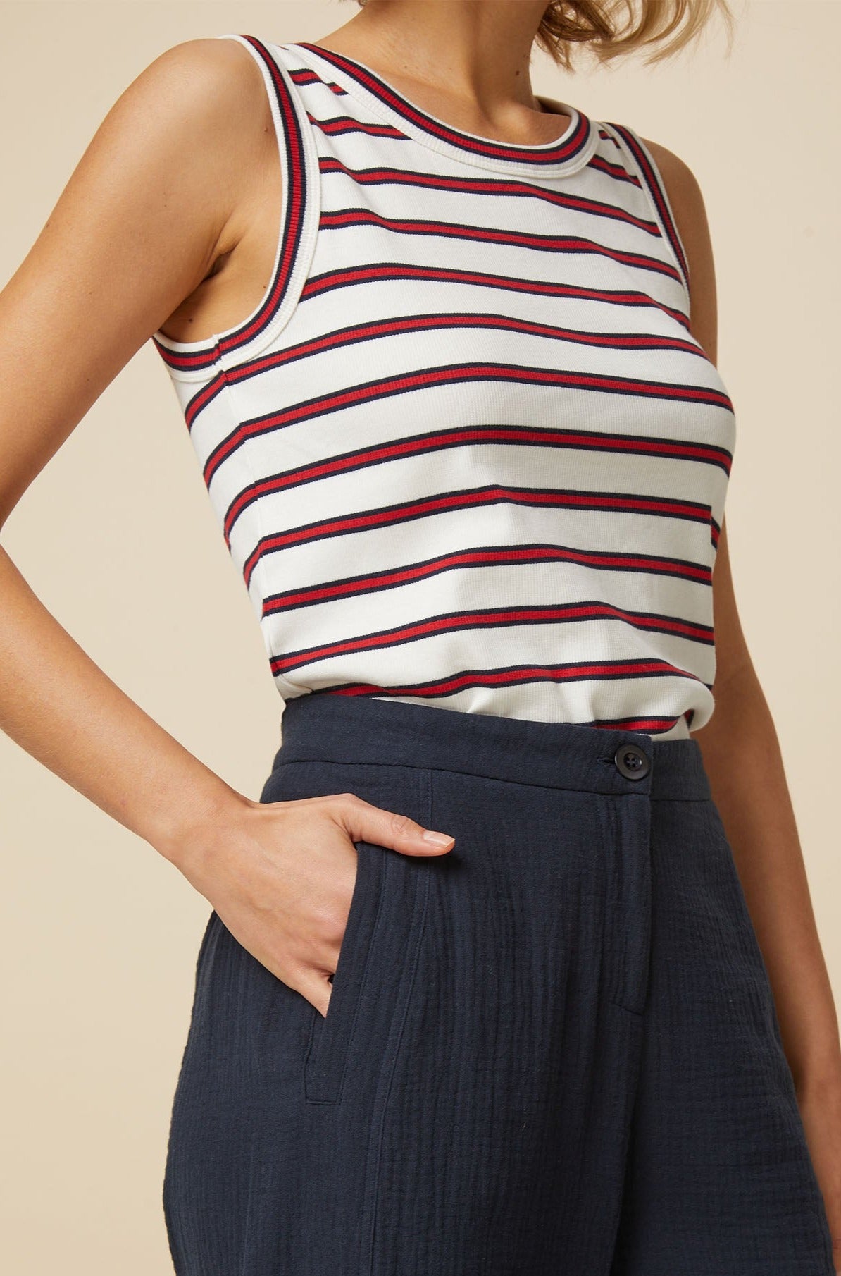 Premium Stripe Tank Top for Women - Soft Breathable Cotton, Cream/Red/Navy - Perfect for Summer, Beach, Gym & Casual Wear