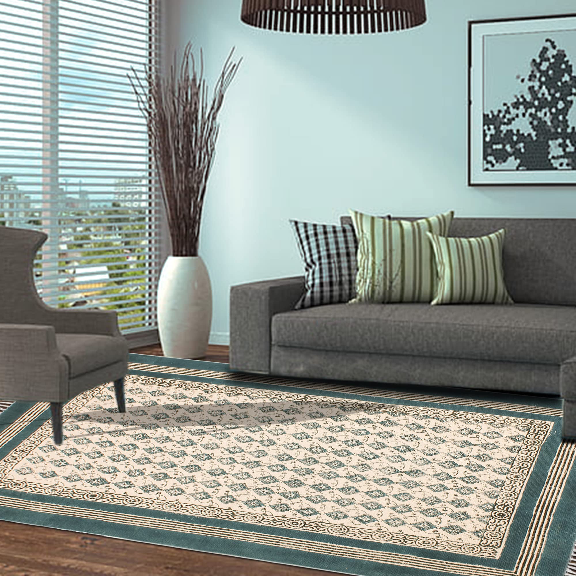 6x9 Ft Turquoise Blue Cotton Dhurrie Floral Kilim Rug - Handmade Flatweave Indoor Outdoor Carpet for High Traffic Areas | Perfect for Bedroom, Dining Room & Living Room Decor