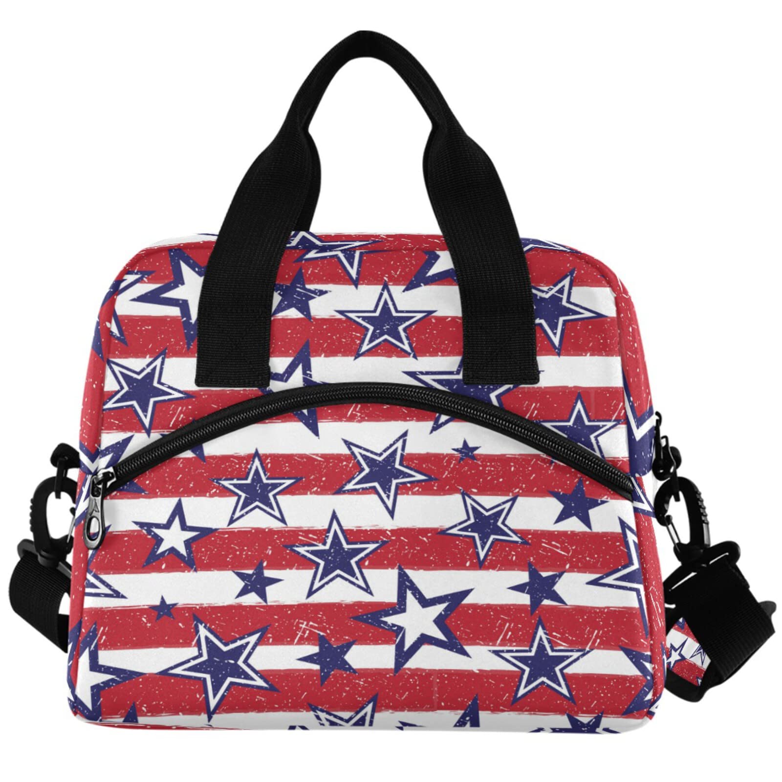 Patriotic American Stars Insulated Lunch Box - Red White Blue Striped Freezable Thermal Cooler Bag for Office, School, Picnic & Travel | Reusable Portable Lunch Tote with Handles