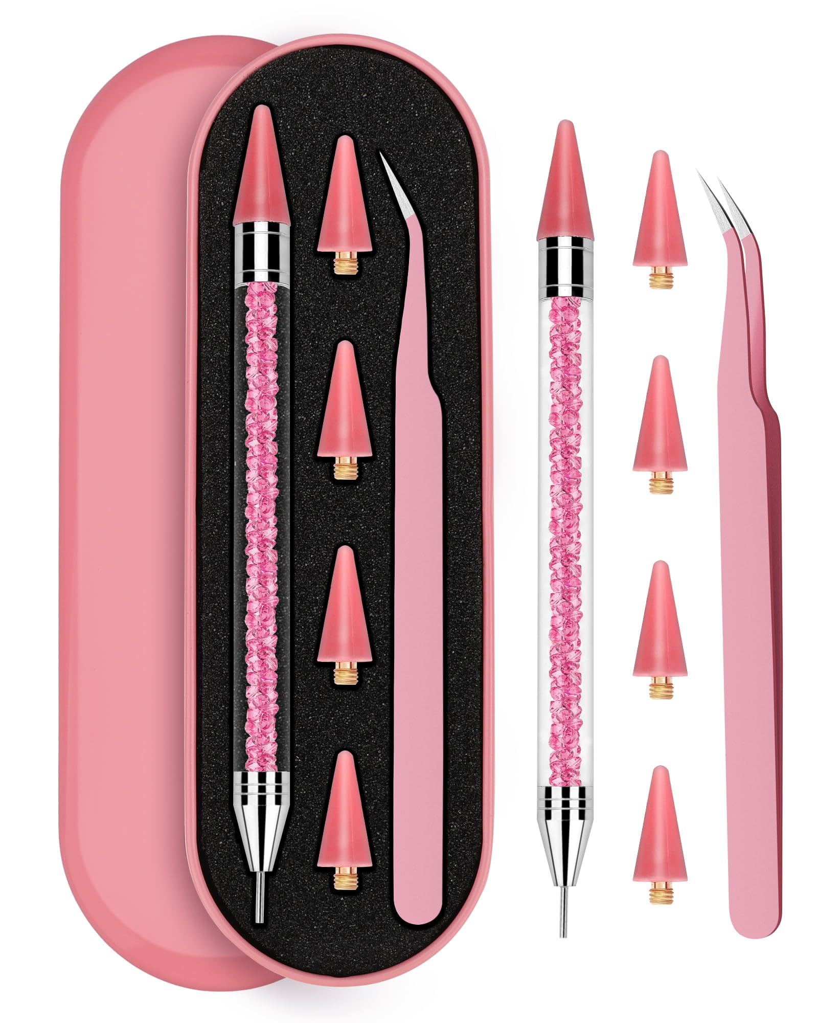 Rolybag Dual-Ended Rhinestone Picker & Applicator Tool with 4 Replaceable Wax Tips & Tweezers - Perfect for DIY Nail Art, Jewelry Making & Craft Projects (Pink)