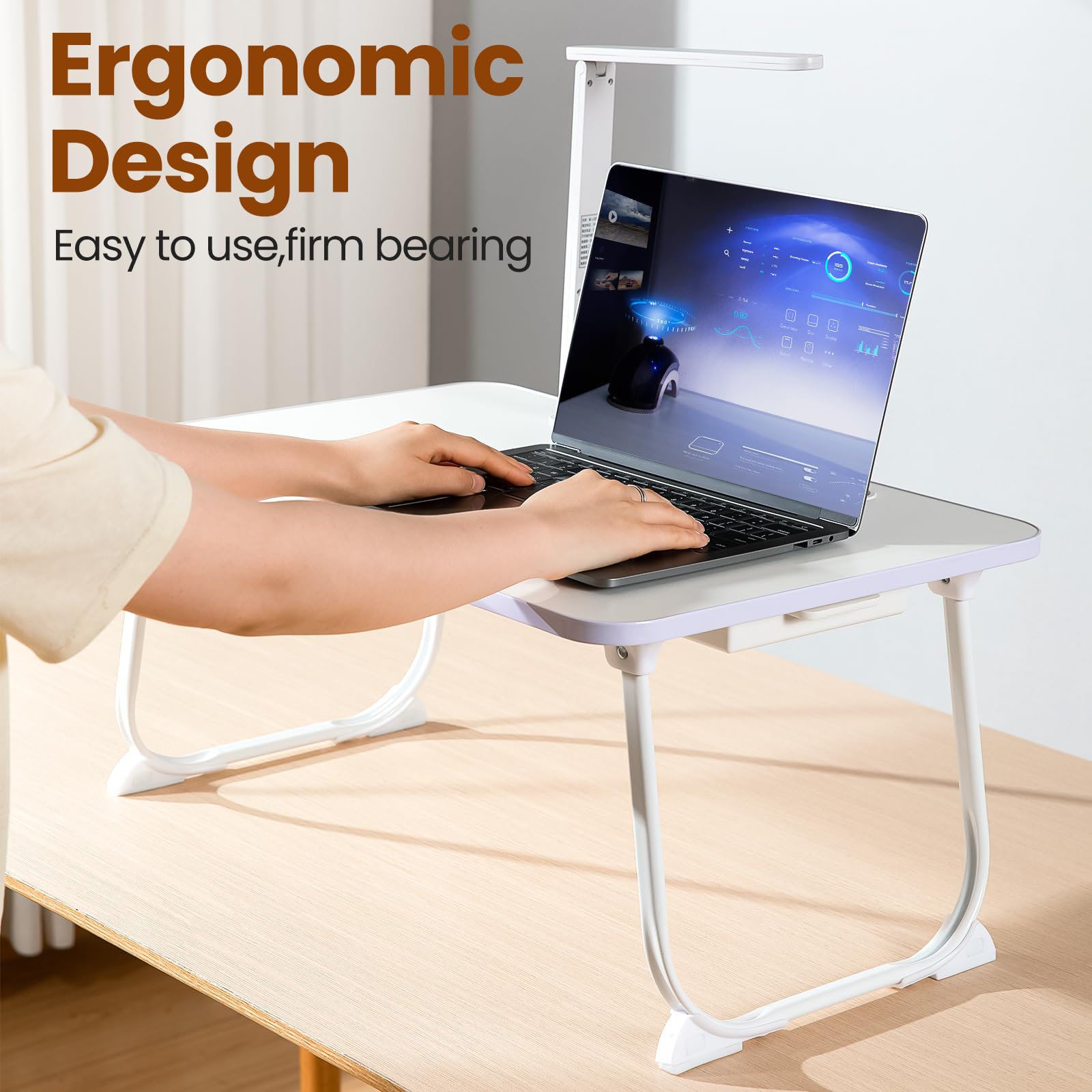 Foldable LED Laptop Desk for Bed with Storage Drawer - Portable Bed Tray Table with Light for Breakfast, Reading & Work - Multi-Purpose Laptop Stand for Sofa, Couch & Floor Use (White)