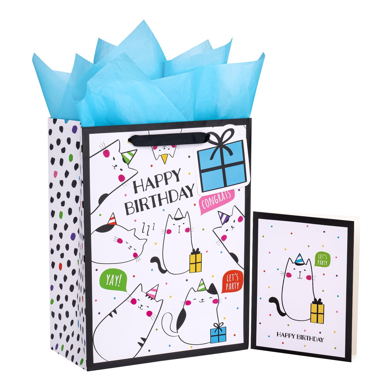 WRAPAHOLIC 13 Inch Large Birthday Gift Bags with Greeting Card & Tissue Paper - Cute Cat Design for Birthday Presents | Perfect for Party Favors, Baby Showers & Special Occasions