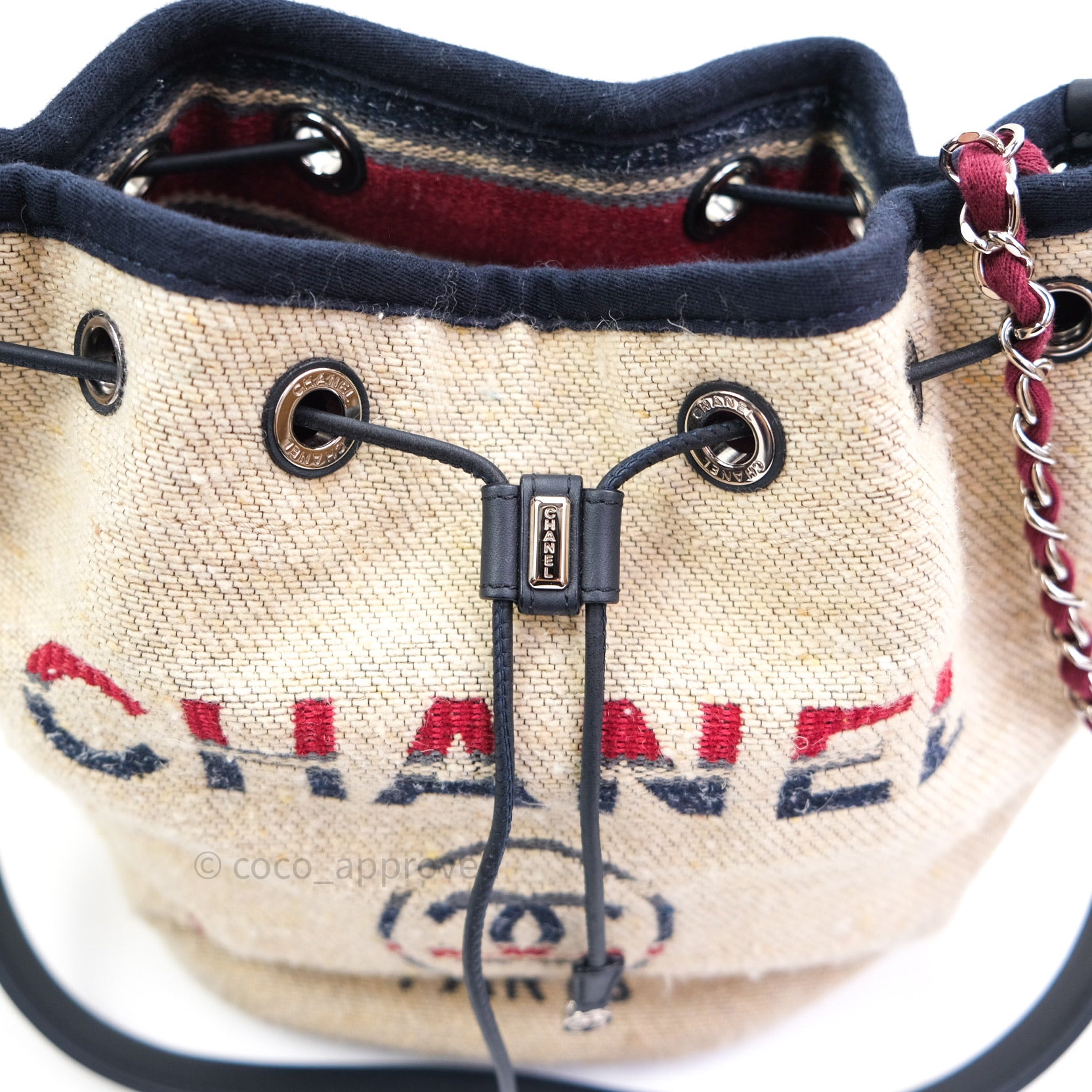 Chanel Canvas Deauville Drawstring Bag in Beige & Red - Luxury Tote for Women, Perfect for Beach, Travel & Everyday Use