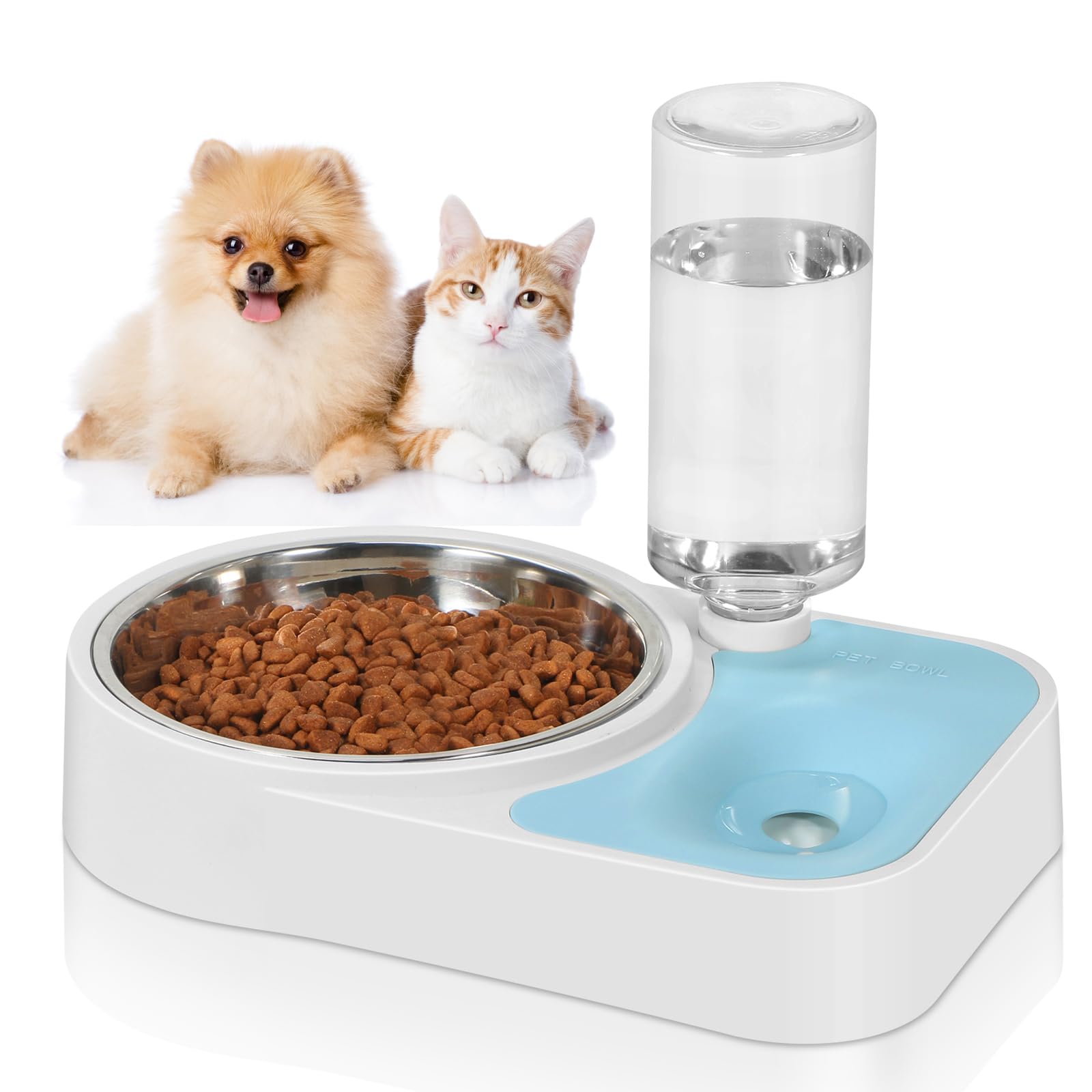 JUST RUN Double Pet Bowls Set - Automatic Water Dispenser & Detachable Stainless Steel Food Bowls for Dogs, Cats, Puppies, Kittens & Rabbits (Blue) | Perfect for Home, Travel & Outdoor Feeding