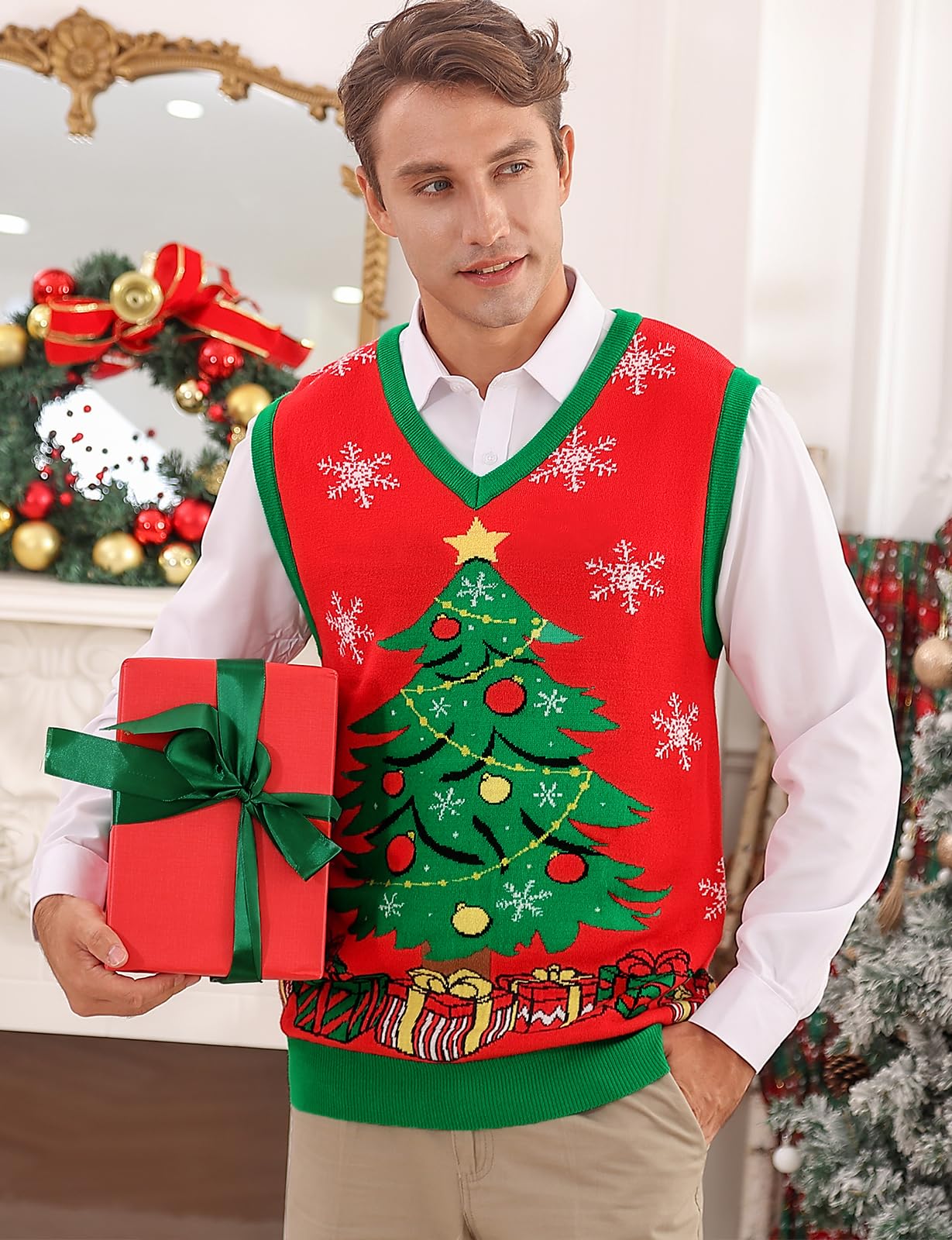 Raisevern Funny Ugly Christmas Sweater Vest for Men - Festive Knitted V-Neck Holiday Jumper - Perfect for Xmas Parties & Family Gatherings