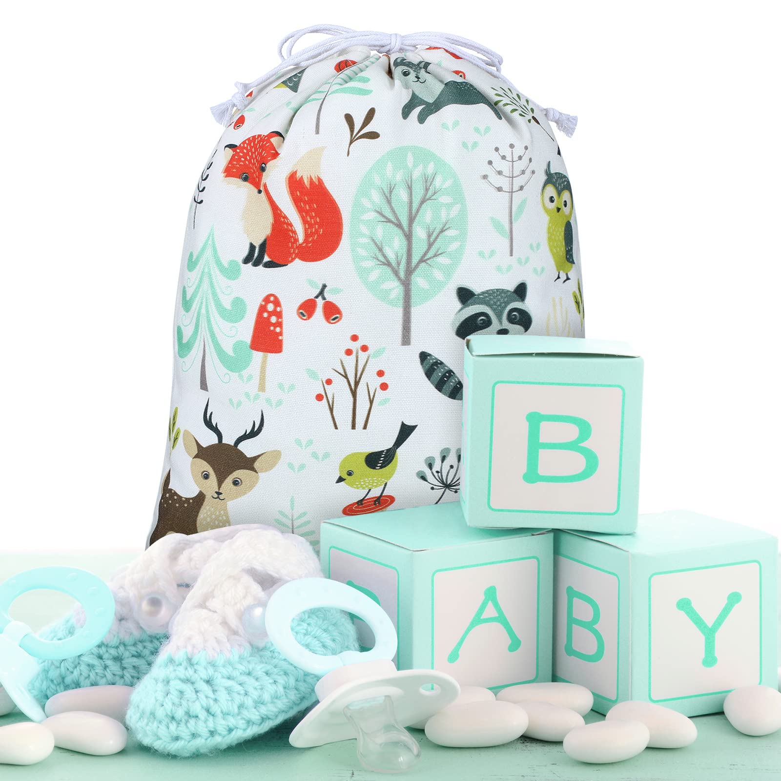 Shappy 2 Pack Reusable Woodland Animal Drawstring Gift Bags - 15.75 x 11.81 Inch Large Fabric Gift Wrap for Baby Showers, Birthday Parties, Gender Reveals & Jewelry Gifts - Eco-Friendly Party Favor Bags for Special Occasions
