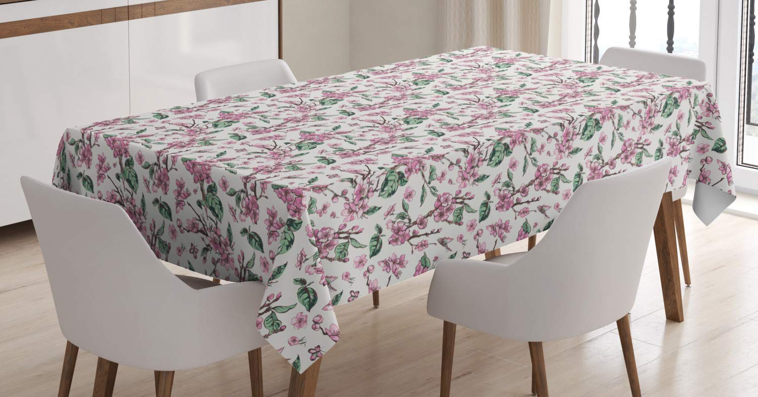 Ambesonne Floral Tablecloth - Vintage Butterfly & Apple Blossom Design, 60x90 Inch Rectangular Dining Table Cover for Kitchen & Home Decor in Ivory Pale Pink Green - Perfect for Dinner Parties, Holiday Gatherings & Everyday Dining