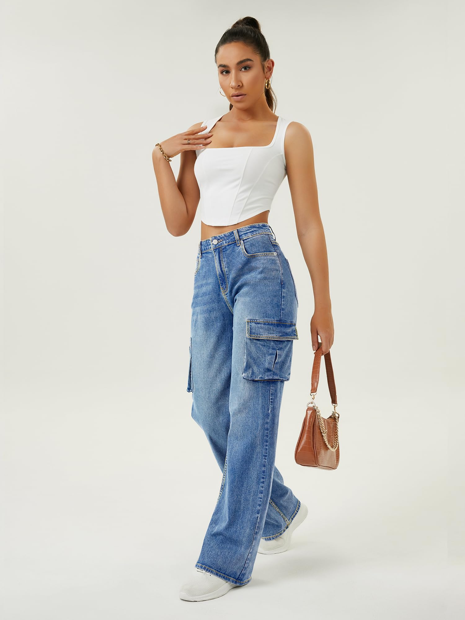 Women's High Waisted Cargo Jeans with 6 Pockets - Straight Wide Leg Casual Baggy Pants for Everyday Wear & Outdoor Adventures
