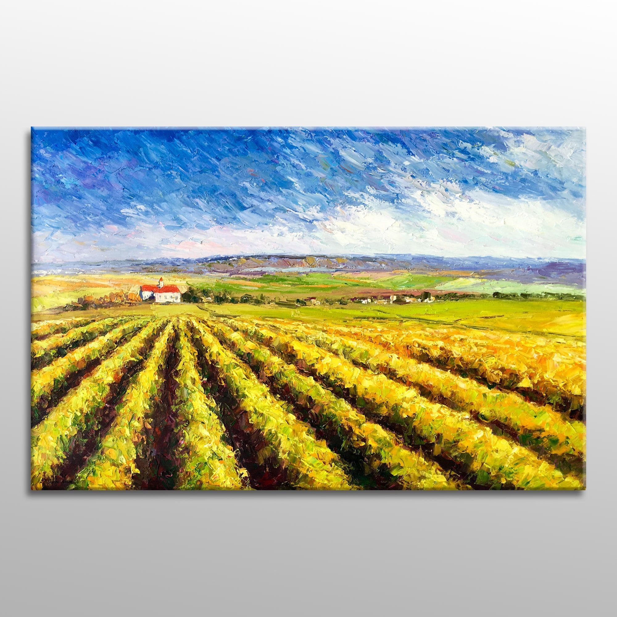 Large Vineyard Oil Painting - Modern Abstract Art for Rustic Living Room Decor - Handmade Canvas Wall Art - Original Landscape Painting - Perfect for Farmhouse, Dining Room & Office Decor