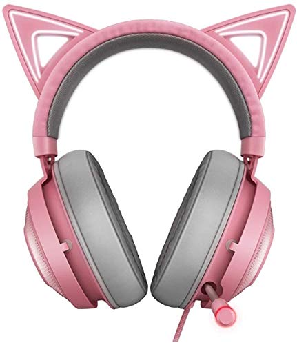 Pink USB Gaming Headphones with Lightweight Aluminum Frame, Retractable Noise Cancelling Mic & RGB Cat Ear Lights - Perfect for PC Gaming, Streaming & Online Meetings