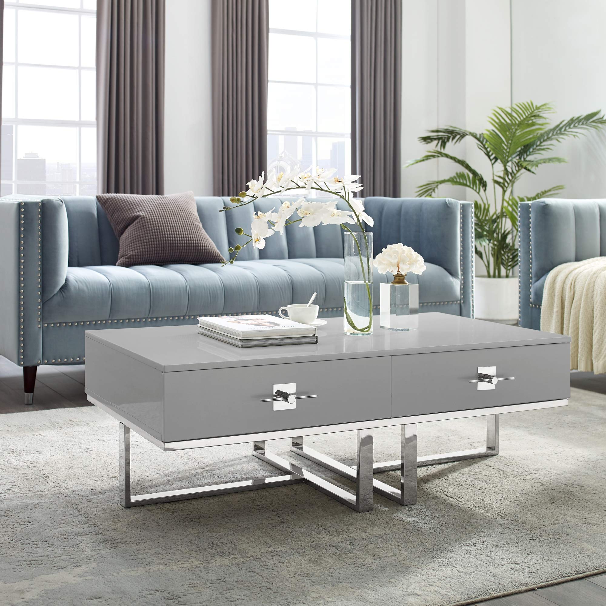 Nicole Miller Modern Coffee Table - Light Grey & Chrome Finish, Mandisa Design, 2 Storage Drawers, High Gloss Lacquer - Perfect for Living Room, Office or Lounge Decor