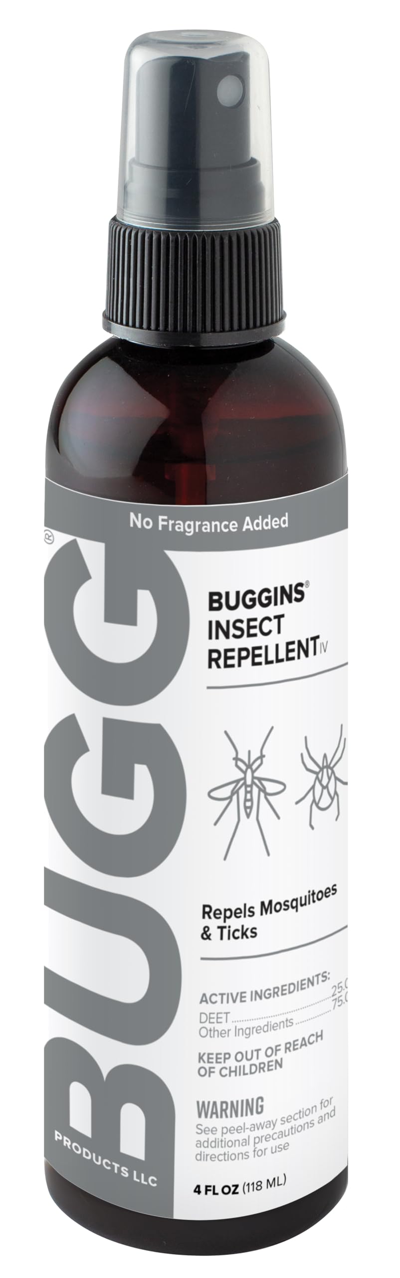 BUGGINS IV No Fragrance Added Insect Repellent Spray - 25% DEET Formula for Mosquitoes, Gnats, Ticks & Biting Flies - 4 oz Pump Bottle - Ideal for Camping, Hiking & Outdoor Activities