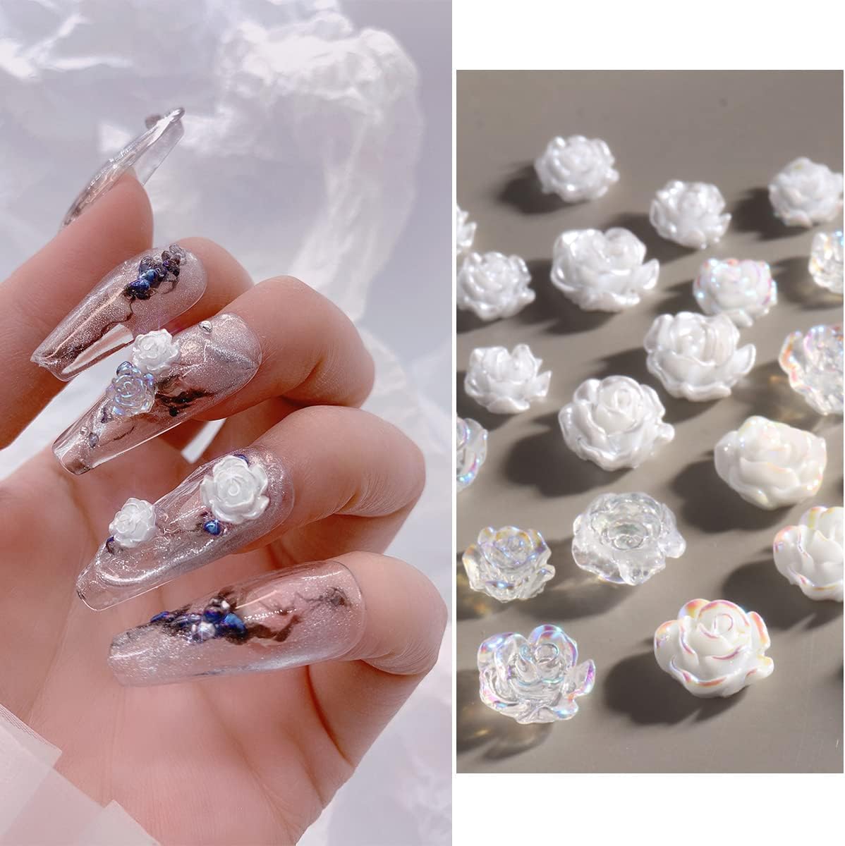 3D White Acrylic Rose & Aurora Camellia Nail Charms - 60Pcs DIY Nail Art Flowers for Nail Decorations | Perfect for Bridal, Party, Salon & Home Manicure Designs