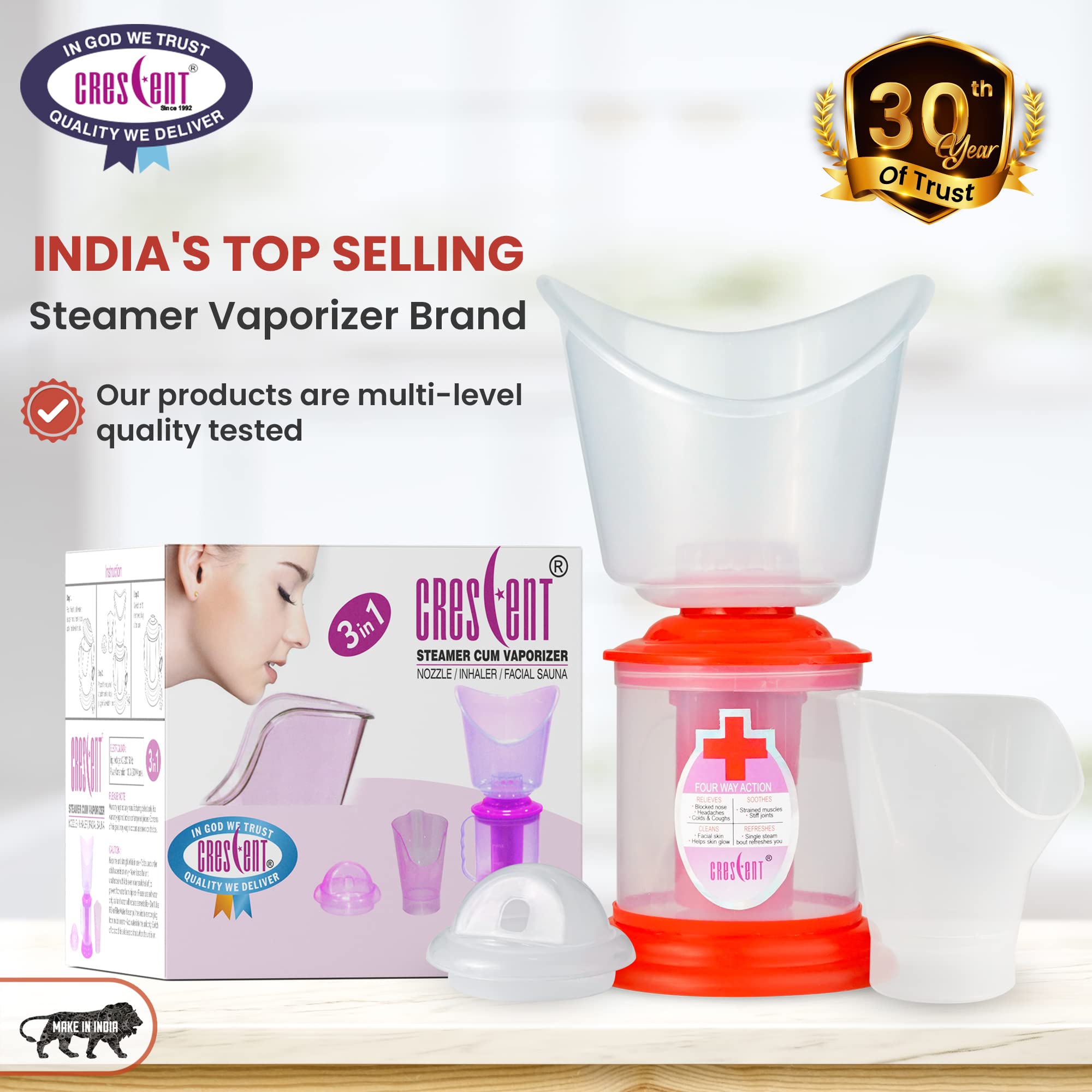 3-in-1 Crescent Facial Steamer & Sinus Relief - Portable Steam Inhaler for Cold, Cough & Nasal Congestion - Home Spa Facial Vaporizer with 3 Attachments for Face & Nose Care | Perfect for Relaxation, Skincare Routine & Respiratory Relief