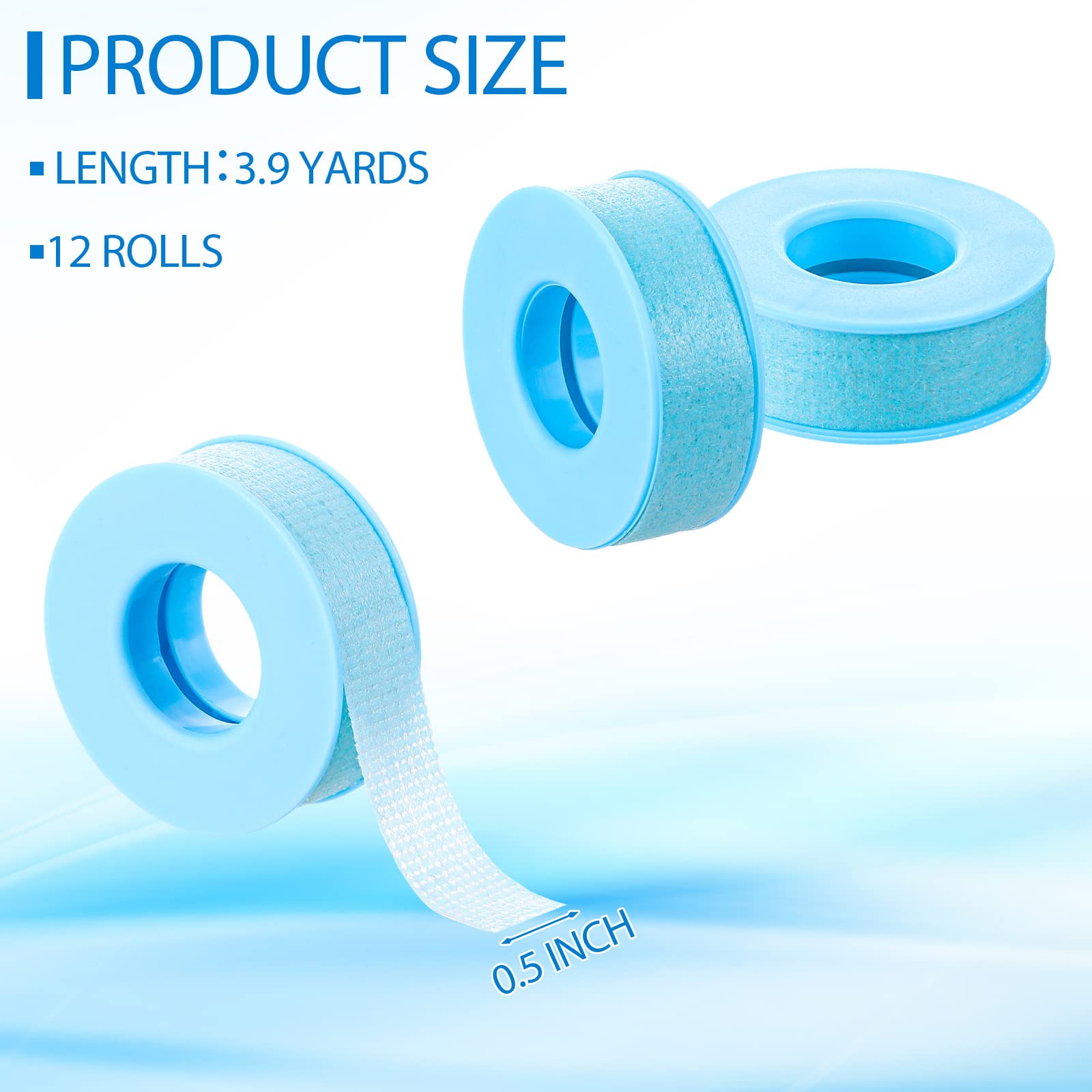 Nuanchu 12 Rolls Bulk Silicone Tape for Eyelash Extensions - Reusable, Easy to Remove Adhesive Tape (Blue, 0.5 Inch x 3.9 Yards) - Perfect for Salon Professionals & DIY Lash Artists