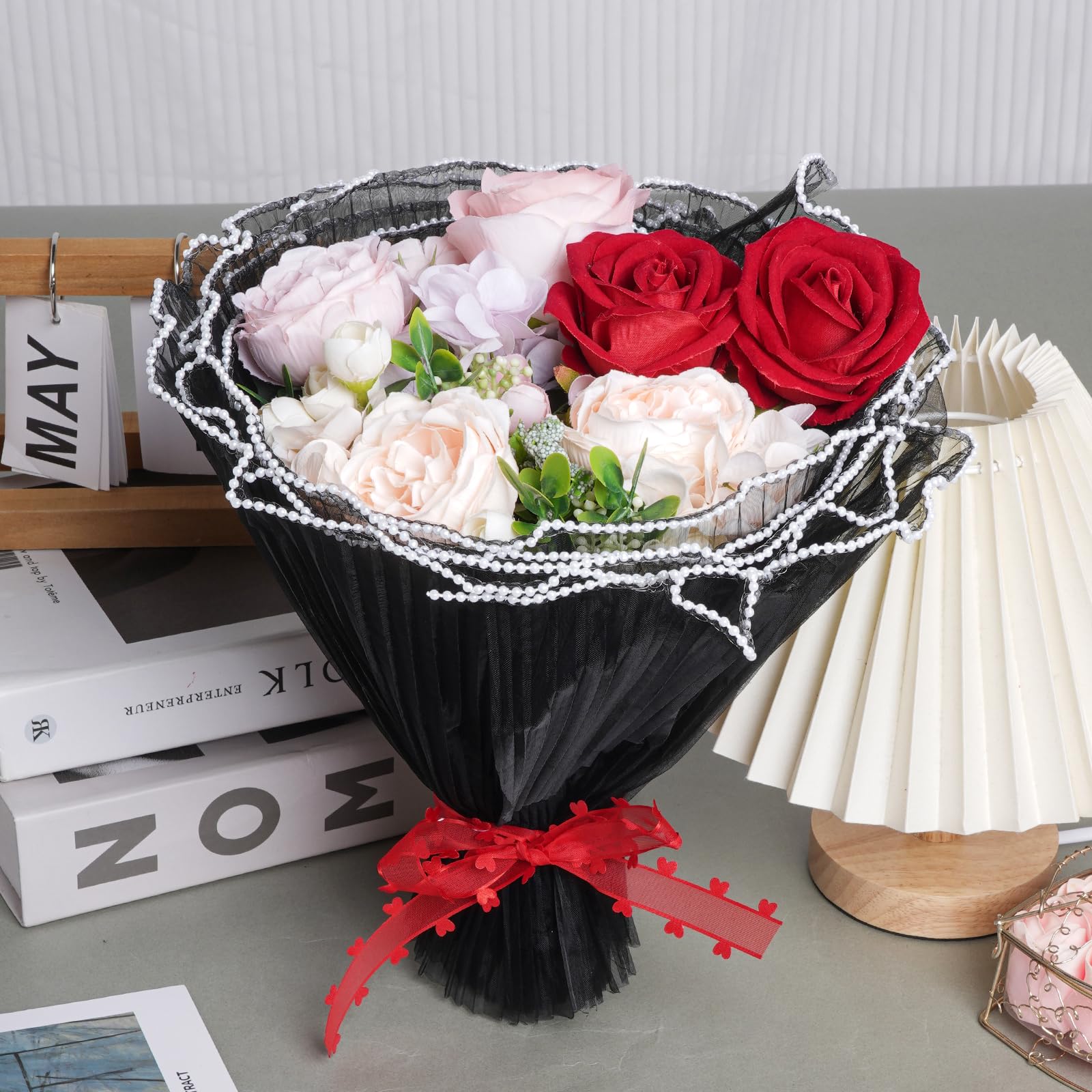 4.37 Yard Floral Wrapping Mesh Paper with Pearl Edge - Translucent Crinkle Bouquet Packaging for Wedding, Mother's Day & Valentine's Day Gifts - DIY Flower Arrangement, Florist Supplies, Gift Wrapping Decor