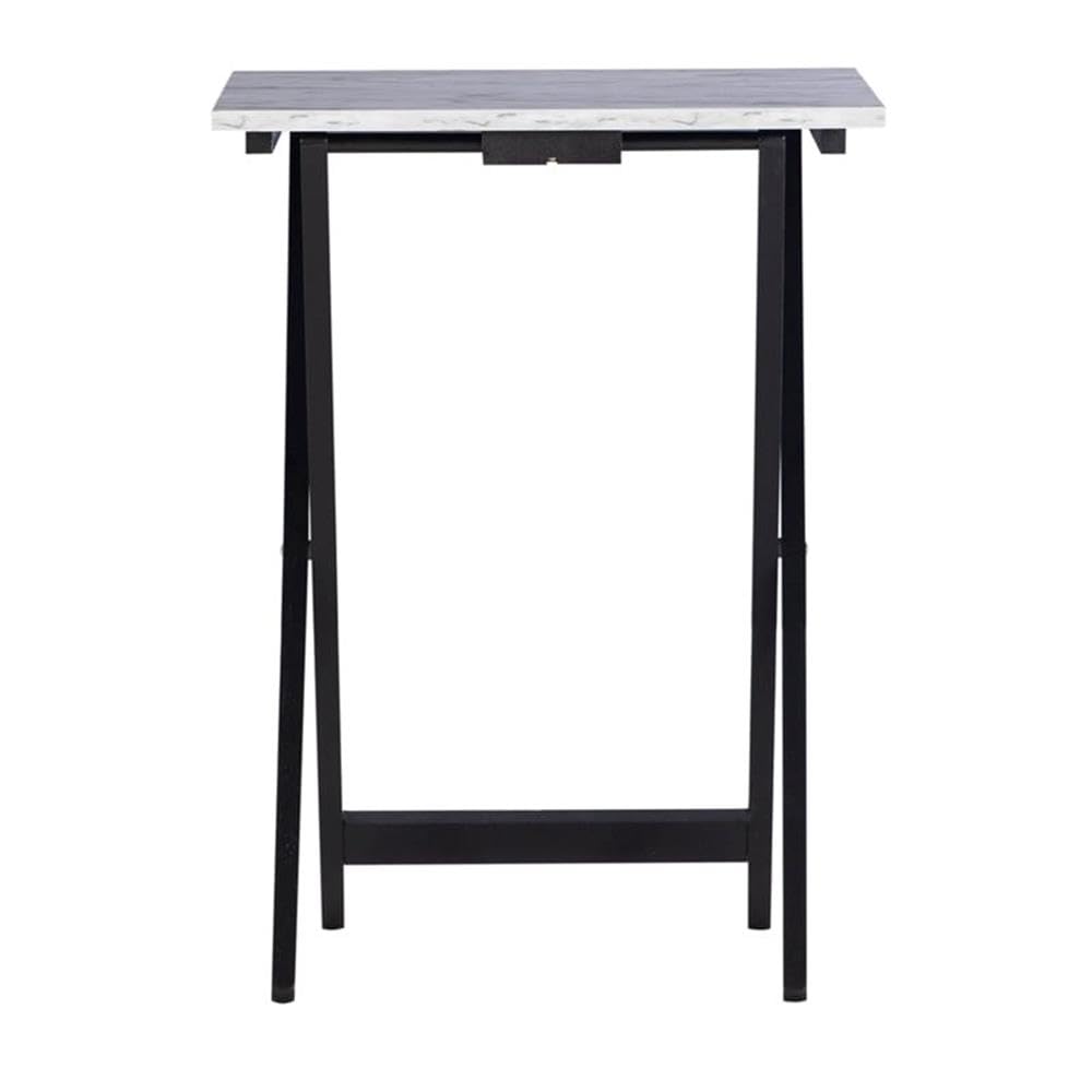 5-Piece Faux Marble & Wood Folding Tray Table Set with X-Legs & Storage Stand - White & Black Finish - Perfect for Living Room, Bedroom & Small Space Decor