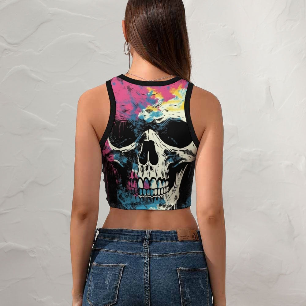 Trendy Pink & Blue Skull Print Cropped Racerback Tank Top for Women | Stylish Slim Fit Workout & Casual Wear