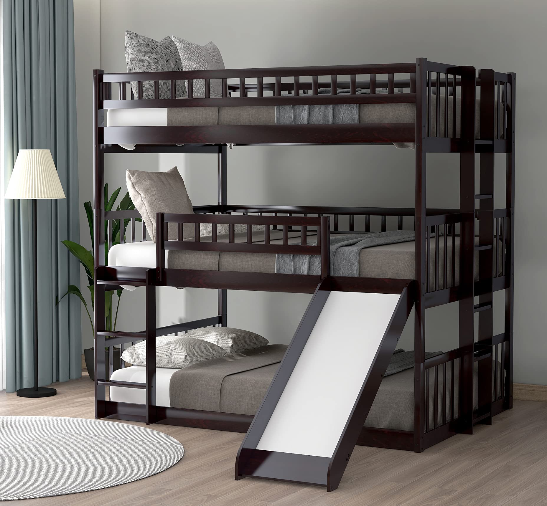 Triple Bunk Bed with Slide - Full Over Full 3 Tier Bunk Beds for Kids, Boys & Girls - Sturdy Wooden Loft Bed with Ladder - Espresso Finish - Perfect for Shared Kids Rooms, Sleepovers & Small Spaces
