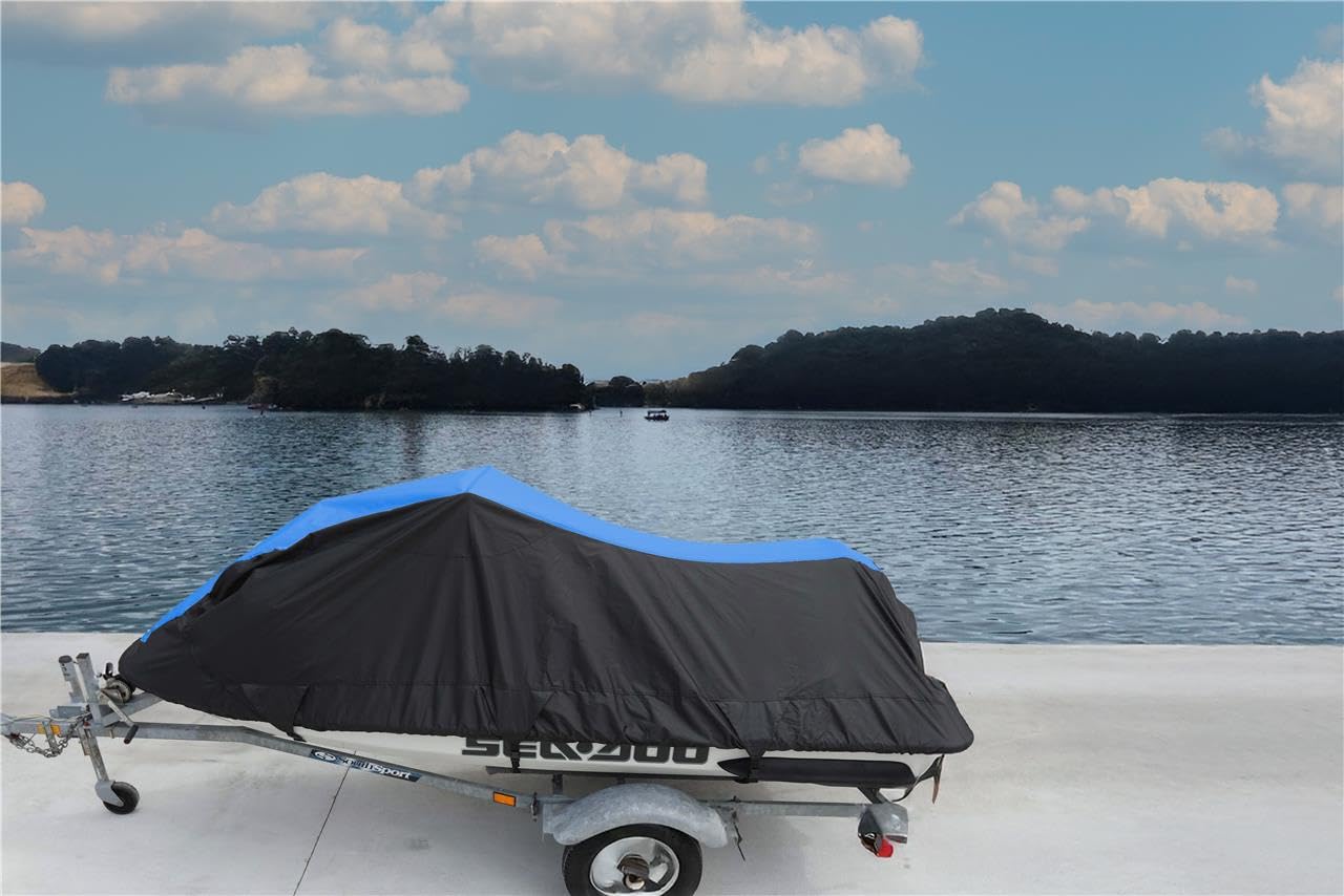 Heavy-Duty 600 Denier Waterproof Jet Ski Cover for Sea-Doo RX Di 2000-2003 Models | 2-Seater PWC Cover | Black/Blue | All-Weather Protection for Storage & Transport