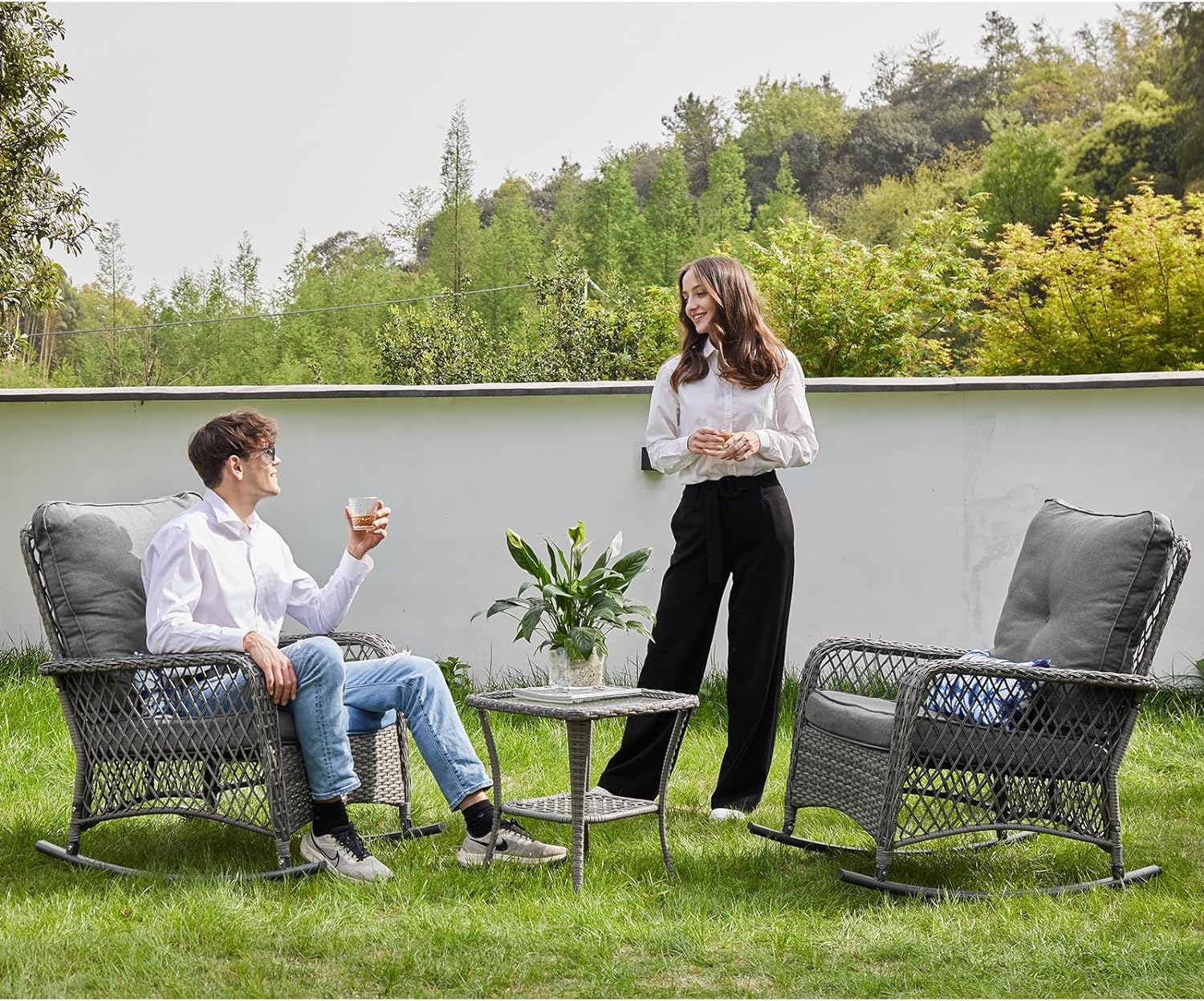 3-Piece Patio Furniture Set - Wicker Outdoor Rocking Bistro Set with Thick Cushions, Rocking Chairs & Coffee Table - Perfect for Porch, Backyard, Garden or Balcony (Grey) - Ideal for Relaxing, Entertaining & Outdoor Dining