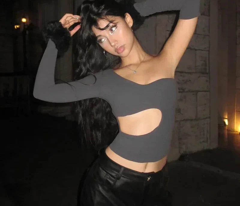 Y2K Asymmetrical Cut Out Crop Top with Sleeves - Sexy One Shoulder Backless T-Shirt for Women | Streetwear Fashion | Perfect for Clubbing, Concerts & Night Out