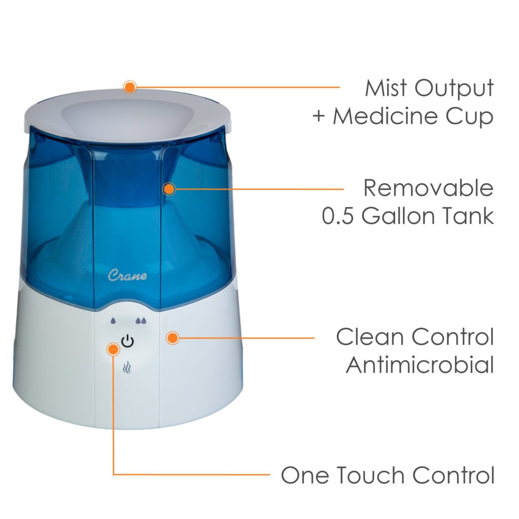 0.5 Gallon Warm Mist Humidifier by Crane - Quiet Ultrasonic Humidifier for Bedroom, Nursery & Office - Relieves Dry Air, Allergies & Congestion