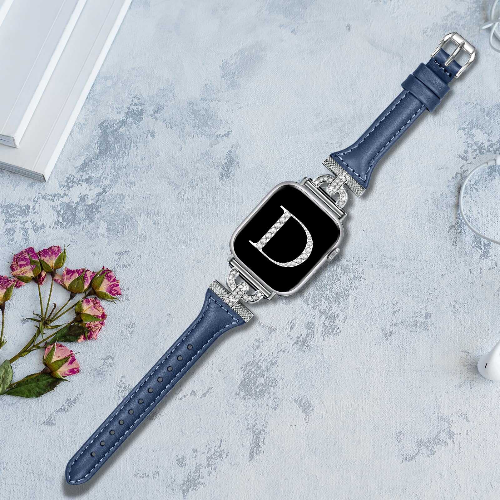 OULUCCI Slim Leather Apple Watch Bands for Women - Compatible with Series 10/9/8/SE/7/6/5/Ultra/4/3/2/1, 38mm/40mm/41mm/42mm/44mm/45mm/46mm/49mm - D-Shape Diamond Design for Workout, Office & Daily Wear