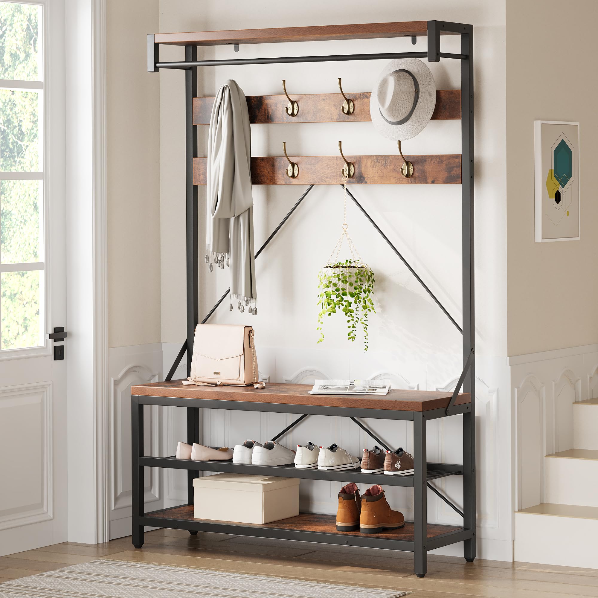 IDEALHOUSE 5-in-1 Entryway Hall Tree with Coat Rack, Shoe Storage Bench & Hanging Hooks - Rustic Brown Wood Look Storage Organizer for Entry, Mudroom, or Bedroom (39.9