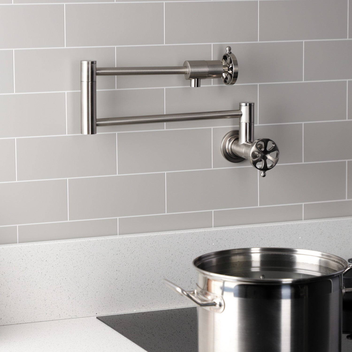 Belknap KS4108RX Brushed Nickel Two Handle Wall Mount Pot Filler Faucet - Perfect for Kitchen Sink, Stove & Cooking Area