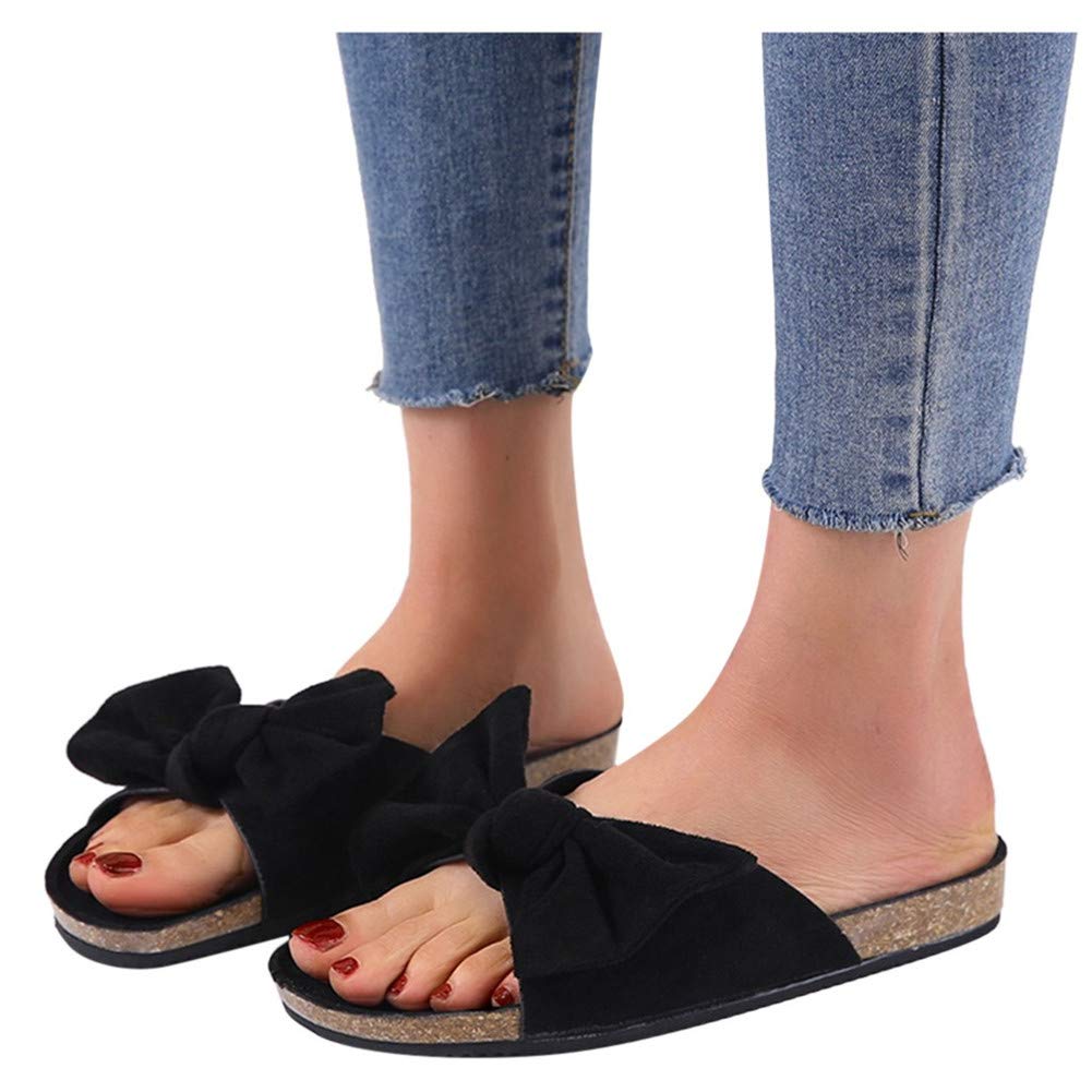 Women's Flat Slide Sandals with Cork Sole & Cute Knot Bow - Comfortable Canvas Summer Sandals for Beach, Pool, and Casual Outings