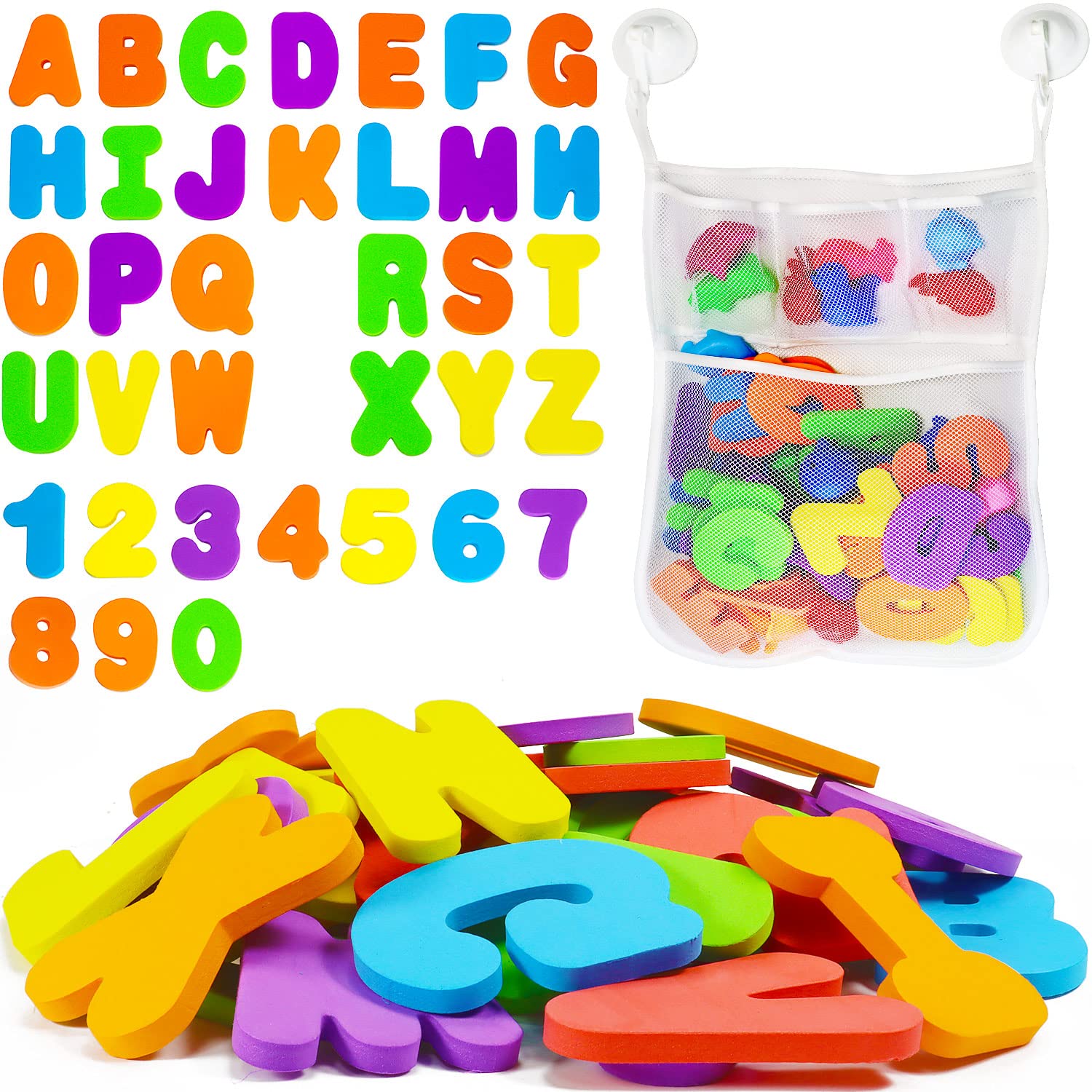 Jiosdo 36-Piece Foam Bath Letters & Numbers Set with Mesh Storage Bag & Hooks - Educational Alphabet & Number Learning Toys for Toddlers & Kids - Perfect for Bathtime Fun, Early Learning & Sensory Play