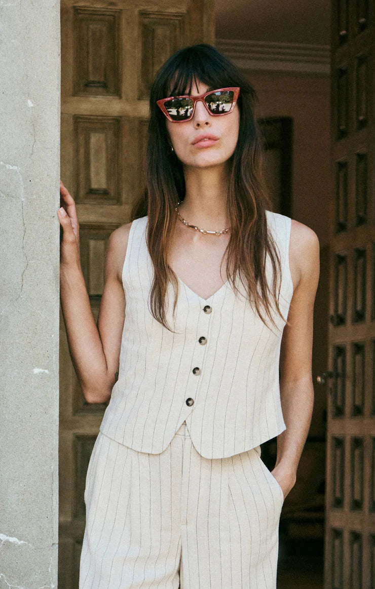 Z Supply Women's Belfort Pinstripe Linen Vest - Lightweight Summer Layering Piece for Casual Outfits, Beach Cover-Up & Boho Style