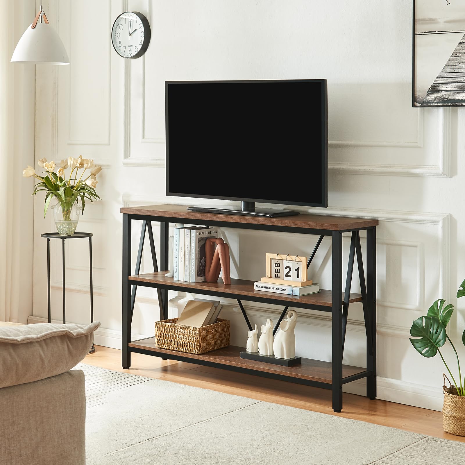 Rustic Industrial Entryway Console Table with 3-Tier Open Shelves & Wide Storage - 47 Inch Brown Foyer Table for Living Room, Hallway & Entry Decor | Perfect for Small Spaces & Home Organization