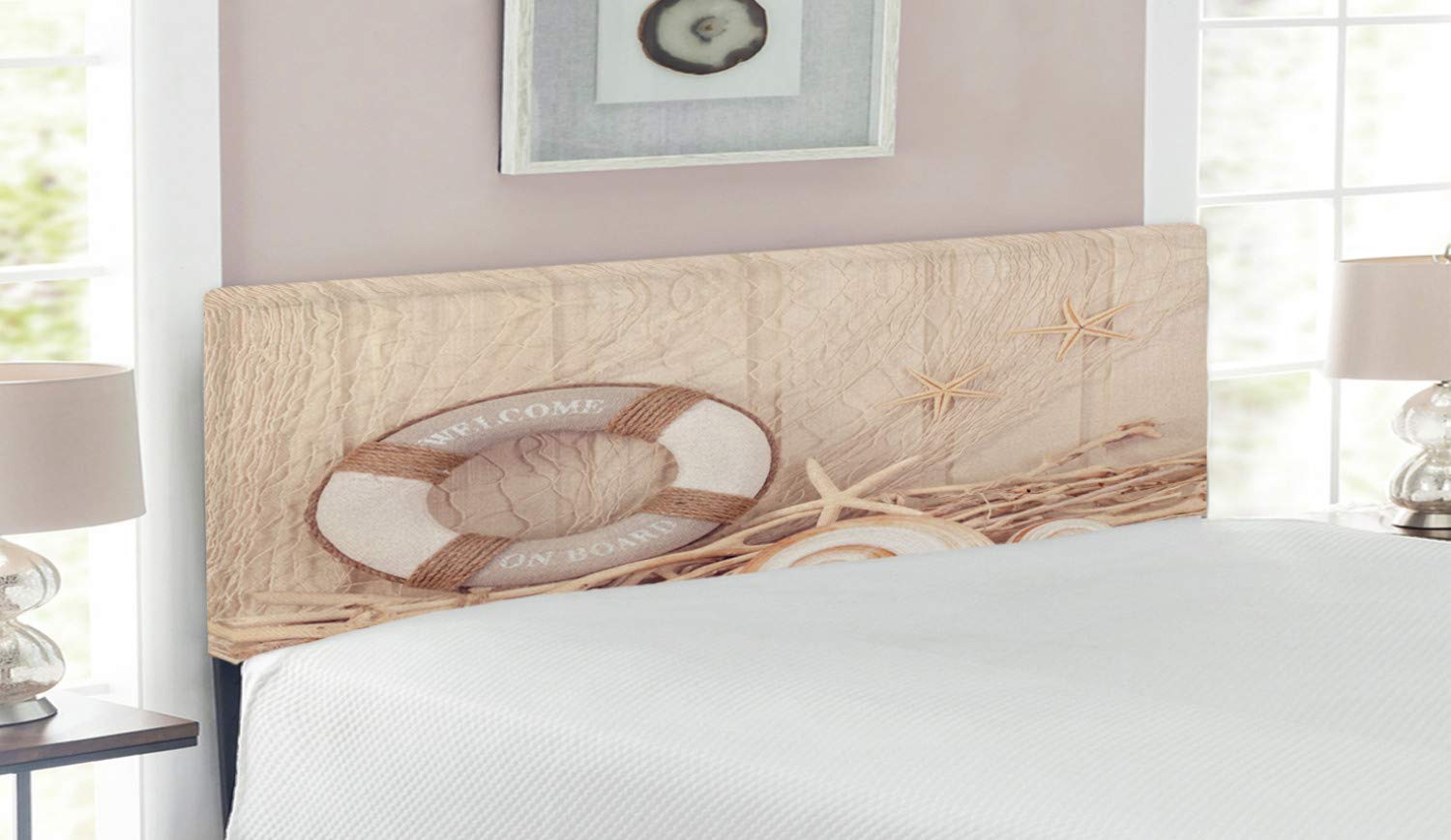 Ambesonne Coastal Upholstered Headboard - Queen Size Wooden Sepia Fishnet Maritime Theme Print with Memory Foam | Decorative Metal Bed Headboard in Tan Beige White | Perfect for Beach House, Nautical Bedroom & Coastal Home Decor
